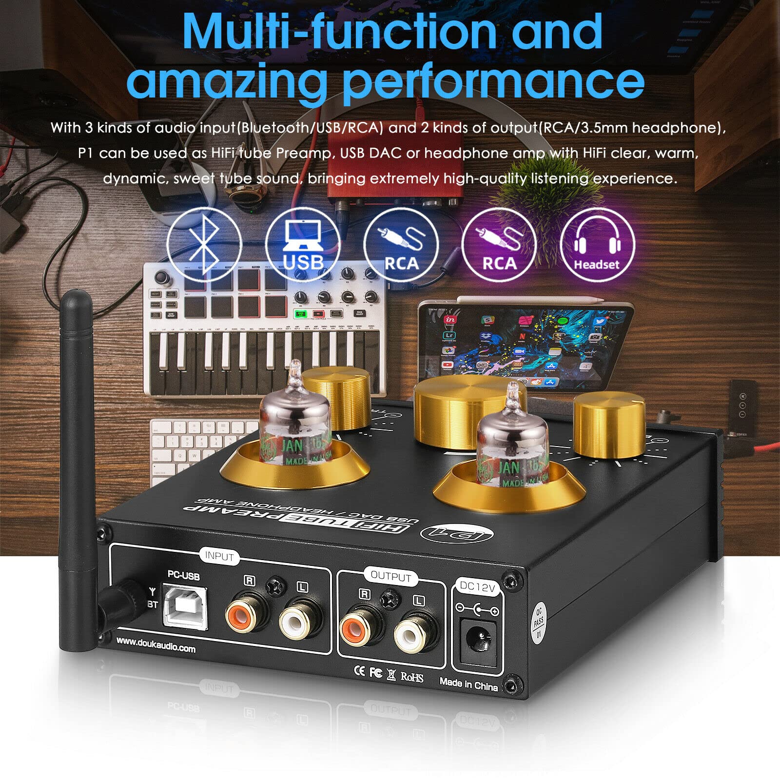 Douk Audio P1 Tube Preamp - Bluetooth 5.0 Hi-Fi Preamplifier with GE5654 Vacuum Tube, Wireless Audio Receiver, USB DAC, APTX-HD Support for Home Theater & Audiophile Systems