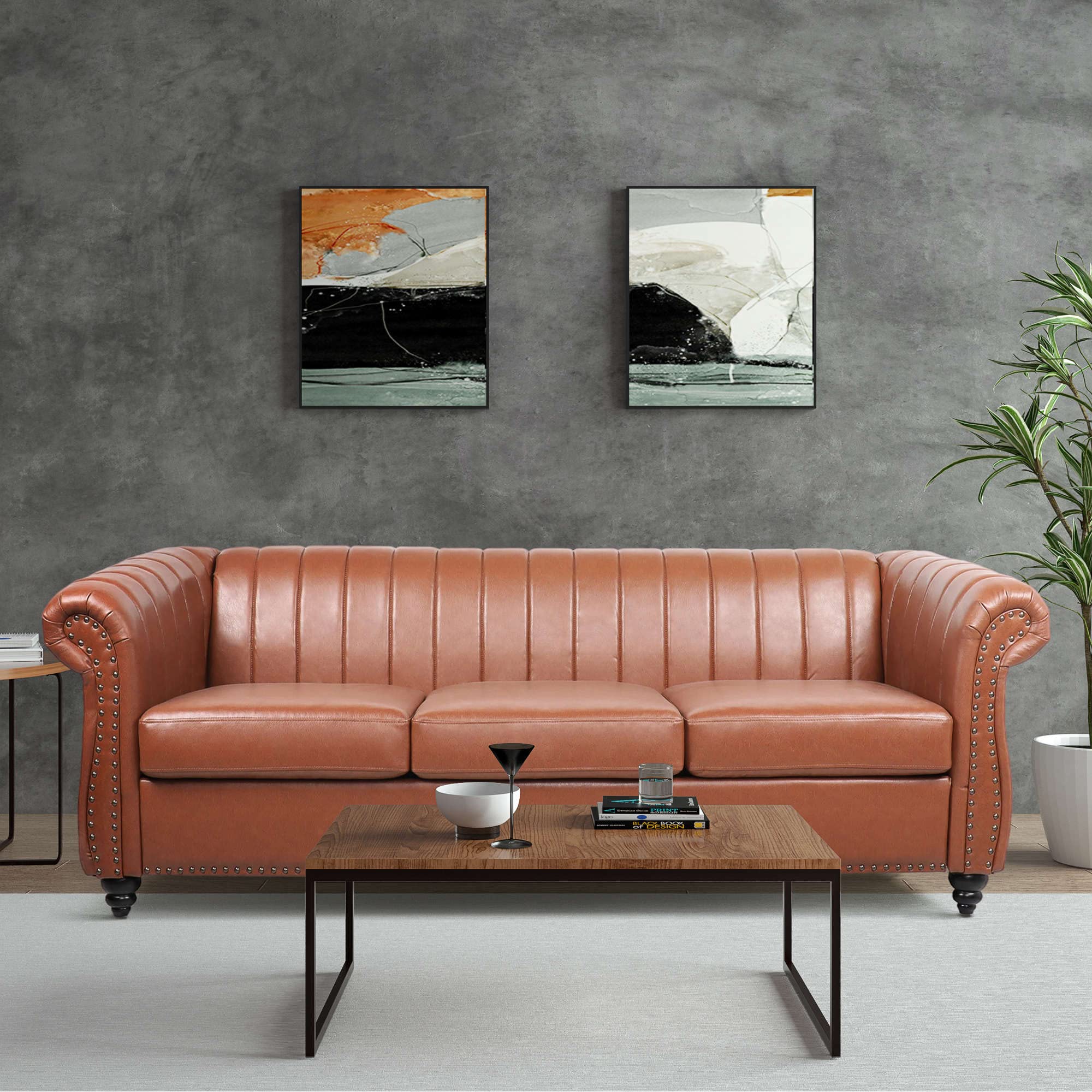 3-Seater PU Leather Chesterfield Sofa with Rolled Arms & Reversible Cushions - Luxurious Upholstered Couch for Living Room, Office, Dorm | Bronze Finish | Perfect for Home Theater, Lounge Areas & Reception Spaces
