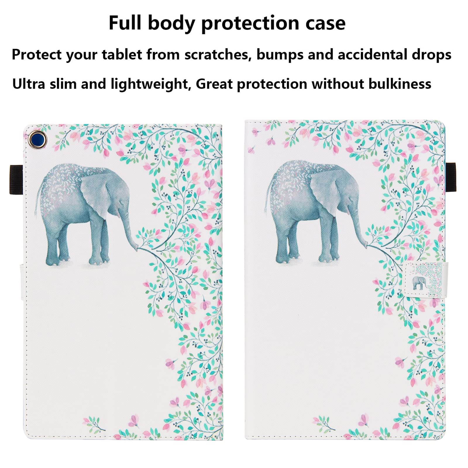 Premium Kindle Fire HD 10 Tablet Case (9th & 7th Gen 2019/2017) - 10.1 Inch PU Leather Smart Cover with Auto Sleep/Wake, Pencil Holder & Card Slots | Folio Stand Design in White Elephant Flower Pattern | Perfect for Work, Travel & Home Use
