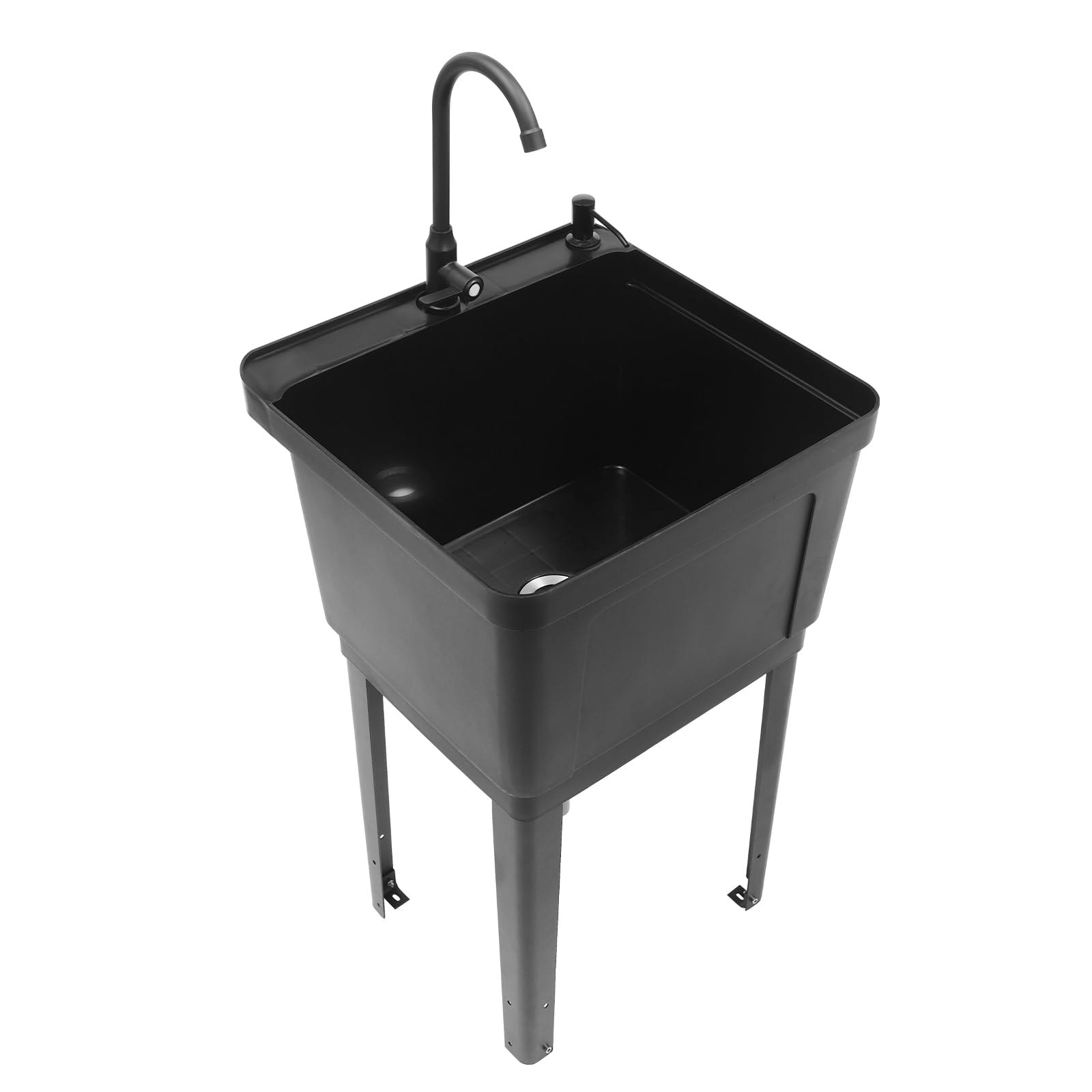Heavy Duty Black Utility Sink with Faucet - Compact Laundry Sink with Soap Dispenser & Drain Pipe Kit - Freestanding Washing Sink for Laundry Room, Basement, Garage, Workshop | Perfect for Washing Clothes, Cleaning Tools & DIY Projects