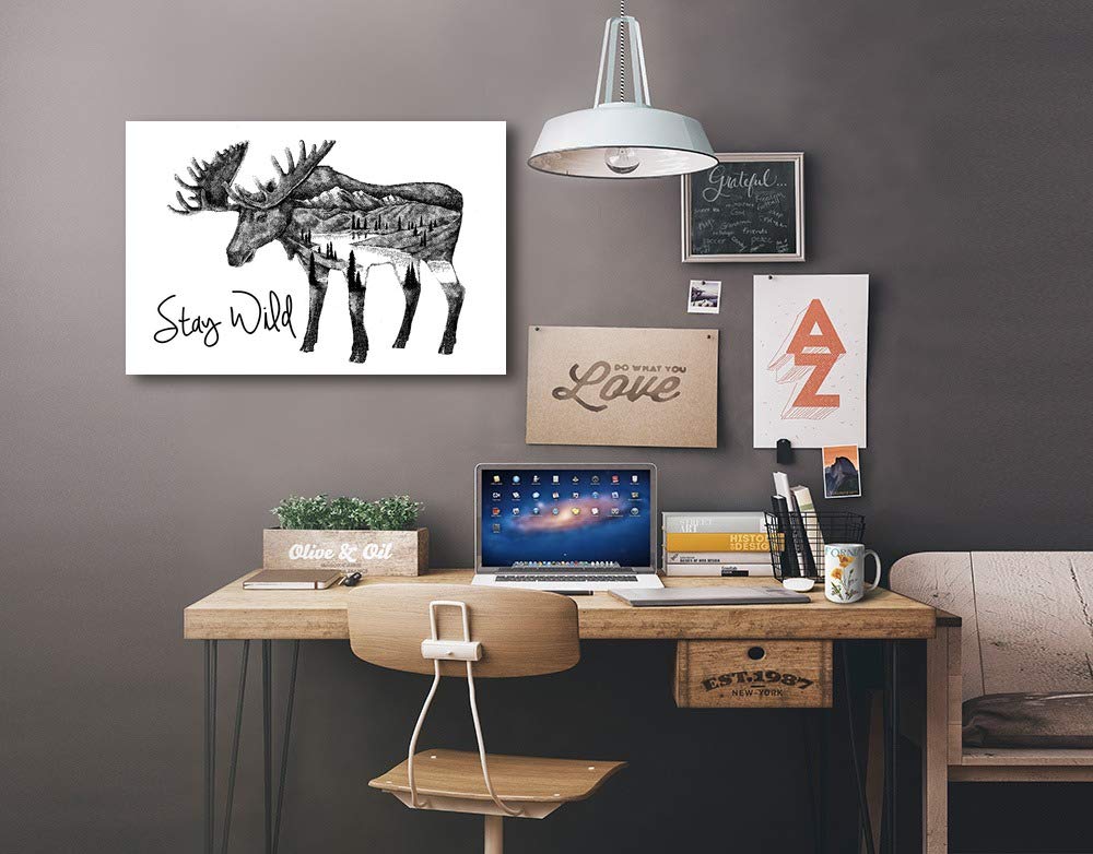 Lantern Press Stay Wild Moose and Mountain Wall Art - 16x24 Wrapped Canvas Print for Home & Office Decor - Perfect for Living Room, Bedroom or Cabin