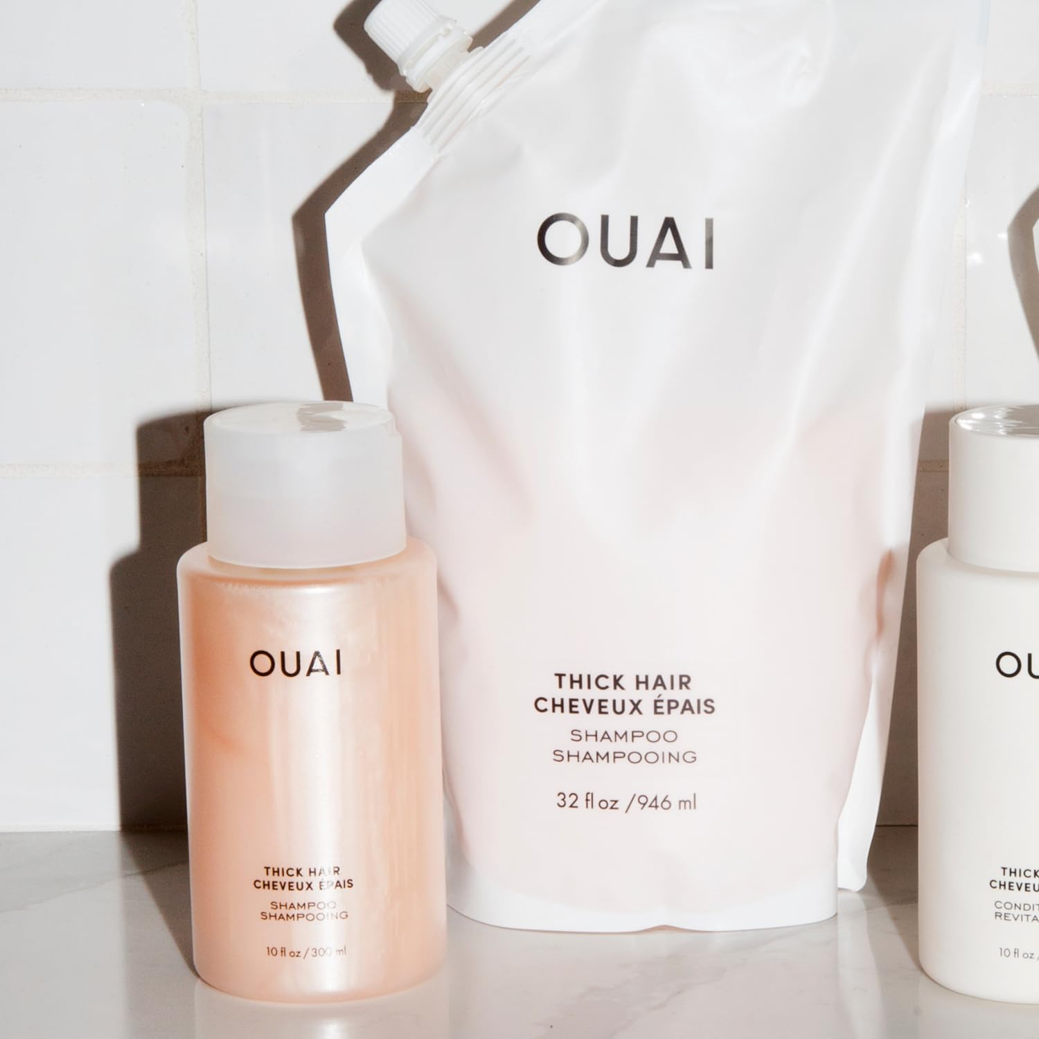OUAI Thick Shampoo + Refill - Moisturizing Shampoo with Keratin, Marshmallow Root, Shea Butter & Avocado Oil for Thick Hair Care - Strengthens & Hydrates Dry Hair - Sulfate Free Shampoo (2 Count, 10 Oz/32 Oz) - Perfect for Daily Hair Wash & Salon-Quality Treatment at Home