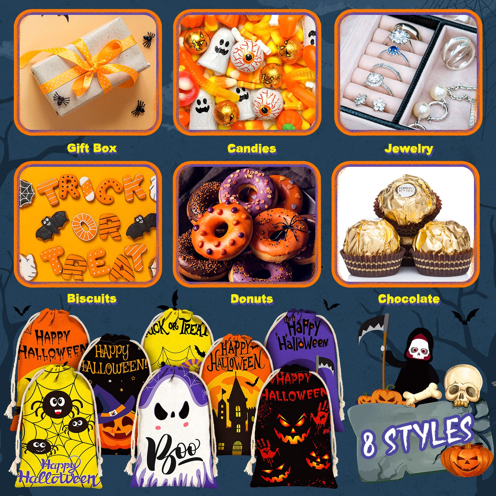 24-Piece Halloween Drawstring Gift Bags 4x6 Inches - 8 Styles Halloween Party Favors, Trick or Treat Bags for Kids - Perfect for Classroom Treats, Halloween Party Supplies & Goodie Bags