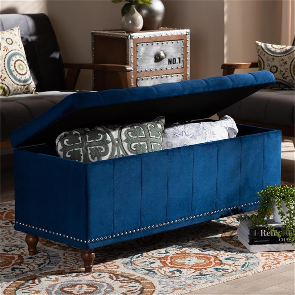 BOWERY HILL Navy Blue Velvet Upholstered Storage Ottoman Bench with Tufted Design - Stylish Footrest, Seat & Hidden Storage for Living Room, Bedroom & Entryway