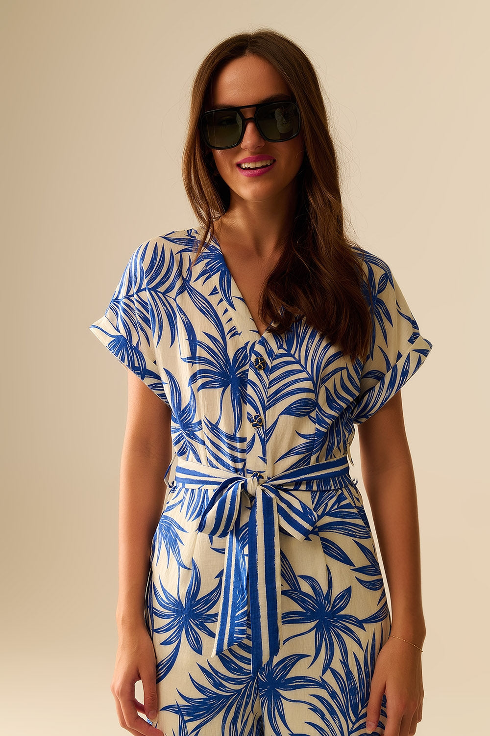 Short Sleeve Tropical Print Blue and White Jumpsuit - Perfect for Beach Vacations, Summer Outings & Casual Wear
