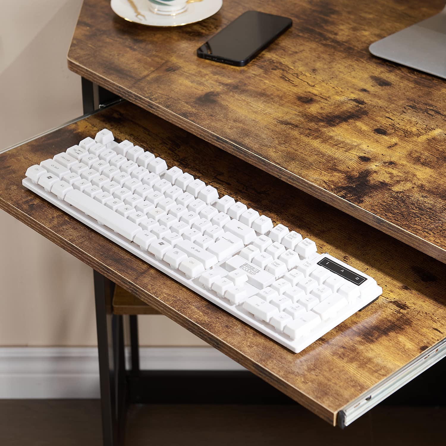 VECELO Corner Computer Desk with Keyboard Tray & Storage Shelves - Compact Home Office Writing Table in Antique Brown | Perfect for Small Spaces, Gaming Setup & Remote Work