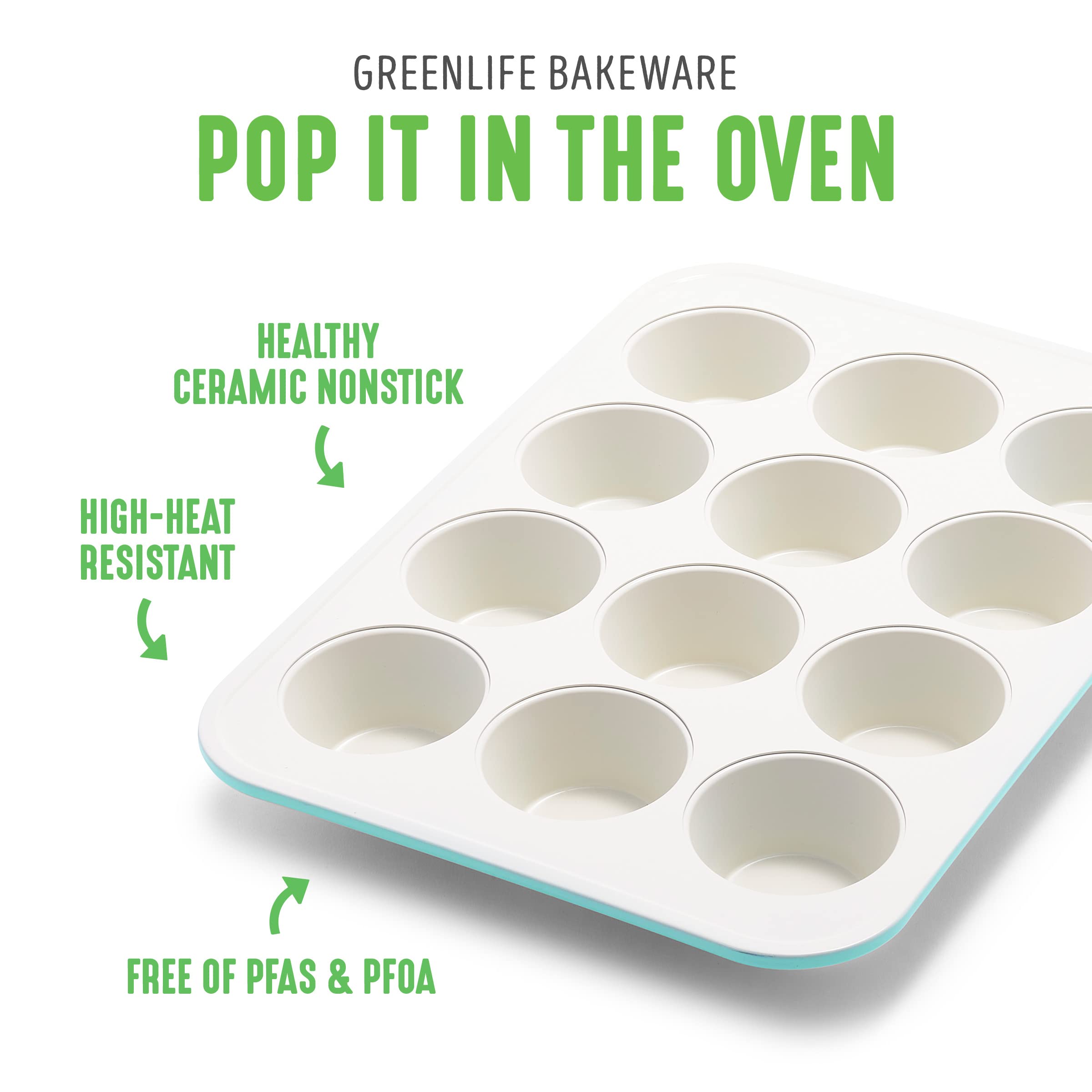 GreenLife Healthy Ceramic Nonstick 12-Piece Bakeware Set - Cookie Sheets, Muffin Pans, Cake & Loaf Pans with Utensils | PFAS-Free, Turquoise | Perfect for Baking Cookies, Cakes & Breads at Home