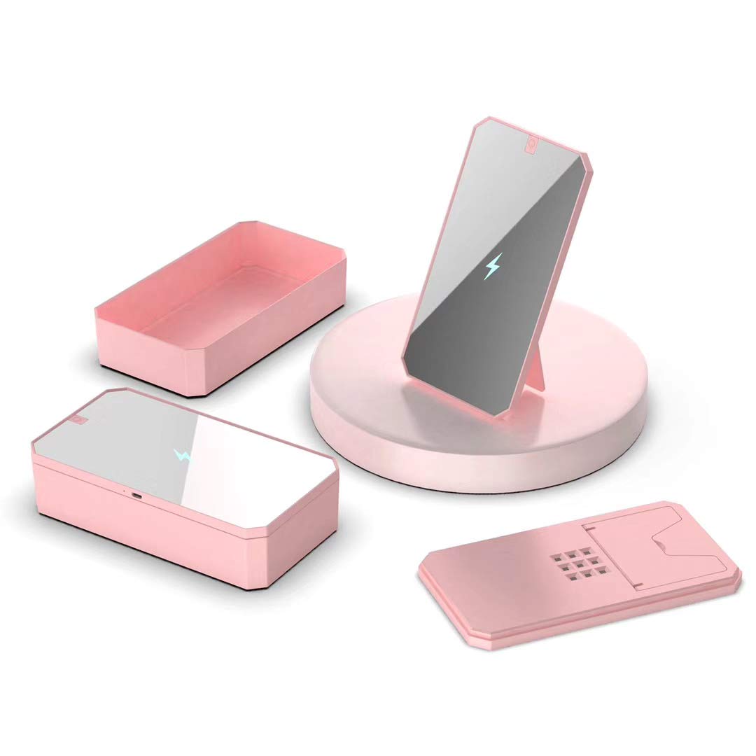 CarbonKlean UVKlear - UVC Sanitizing Kit with Wireless Charger, Removable Cosmetic Mirror & UV Phone Cleaner (Pink) - Perfect for Travel, Home & Office Disinfection