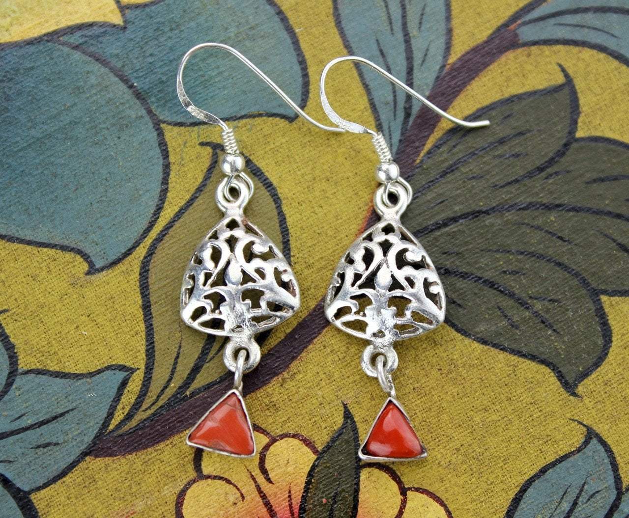2 Tier Sterling Silver and Coral Dangle Earrings for Women - Elegant Handmade Jewelry Gift for Birthday, Anniversary & Special Occasions