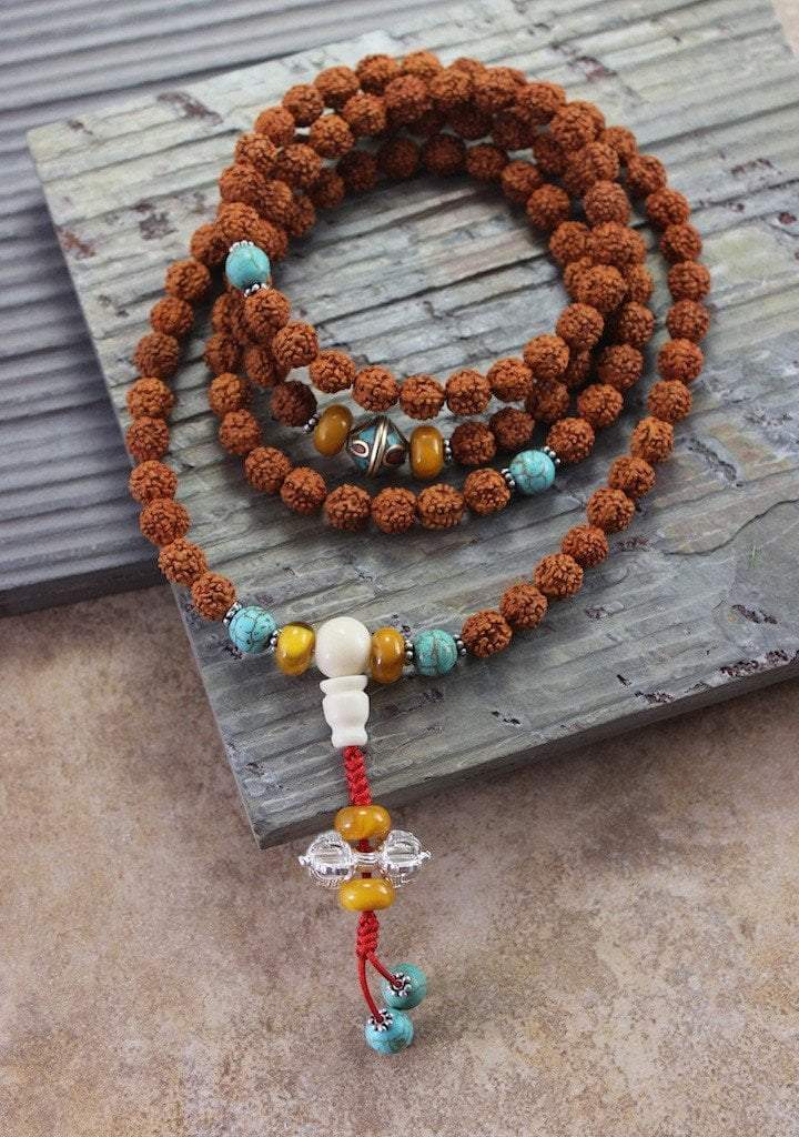 108 Bead Rudraksha & Vintage Beads Mala Necklace - Authentic Hindu Prayer Beads for Meditation, Yoga & Spiritual Healing