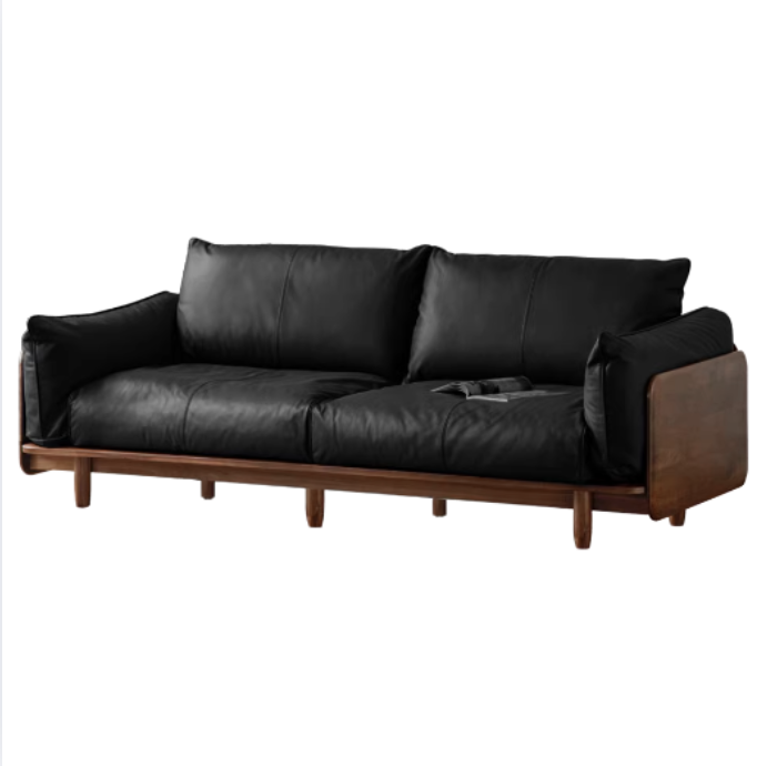 Premium Black Walnut Solid Wood Genuine Leather Sofa - Handcrafted Fabric Sofa for Living Room, Lounge & Office - Modern Comfort Furniture for Home Decor