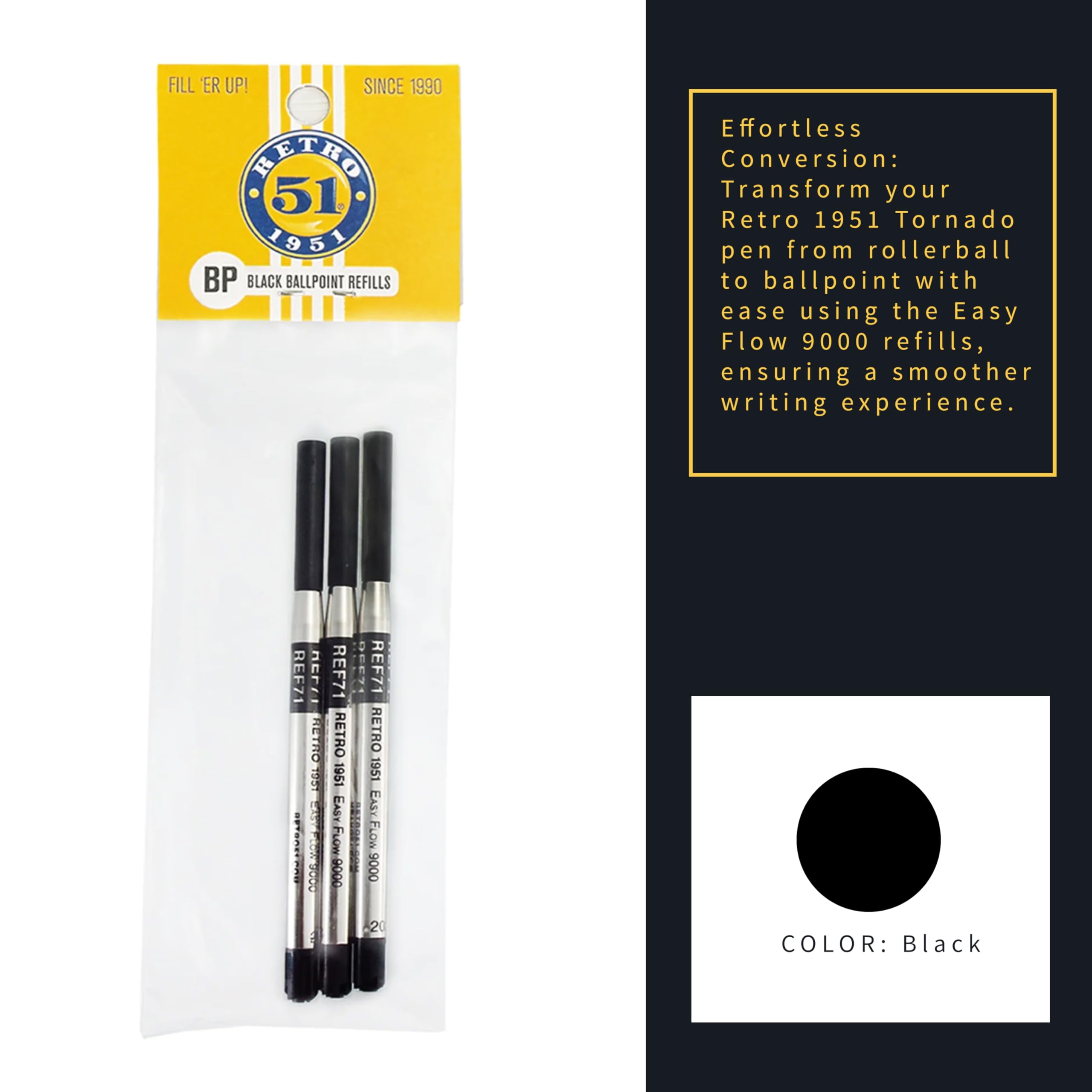 Easy Flow 9000 Ballpoint Refills - Black Ink 3-Pack | German Engineered Smooth Writing | Compatible with Tornado Pens | Perfect for Office, School & Everyday Use