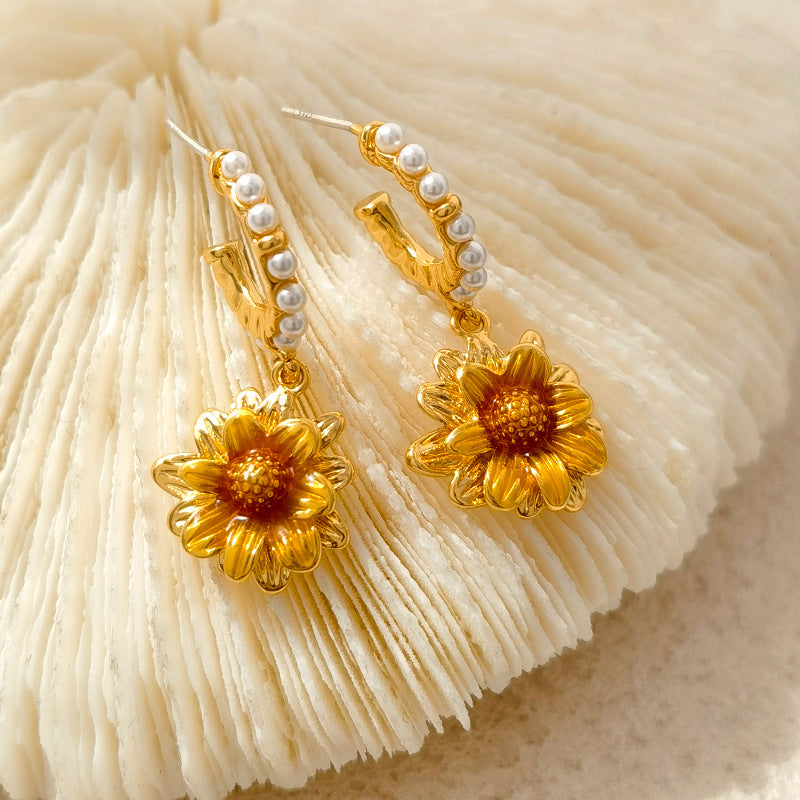 Dainty Sunflower C Hoop Pearl Dangle Earrings for Women | Elegant Floral Jewelry Gift | HE10509 | Perfect for Summer Outfits, Weddings & Boho Fashion