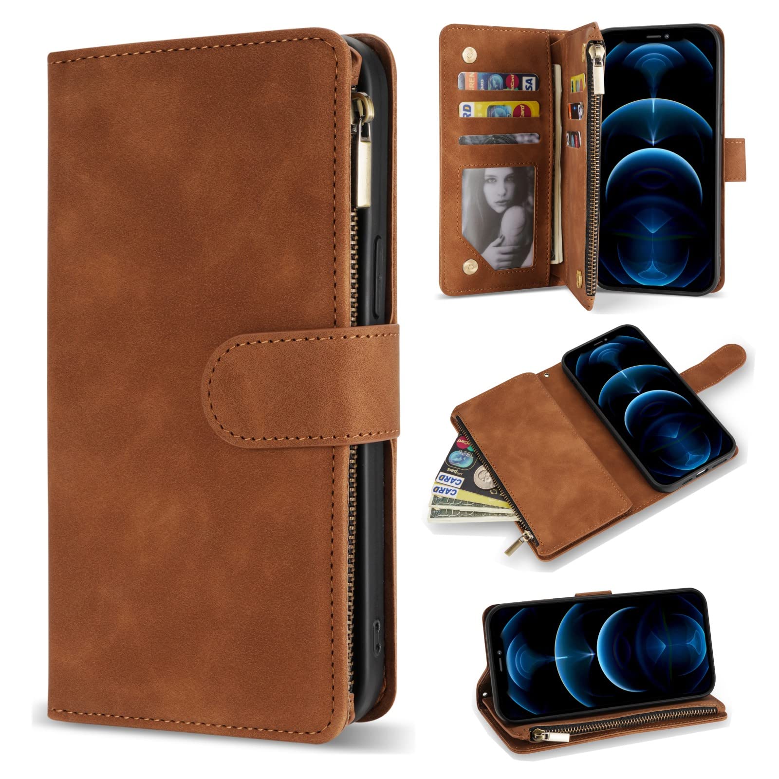 Premium Soft PU Leather Zipper Flip Wallet Case for iPhone 12 Pro Max (6.7 inch) - Card Slots, Wrist Strap & Kickstand | Protective Folio Cover for Everyday Use, Travel & Business (Brown)