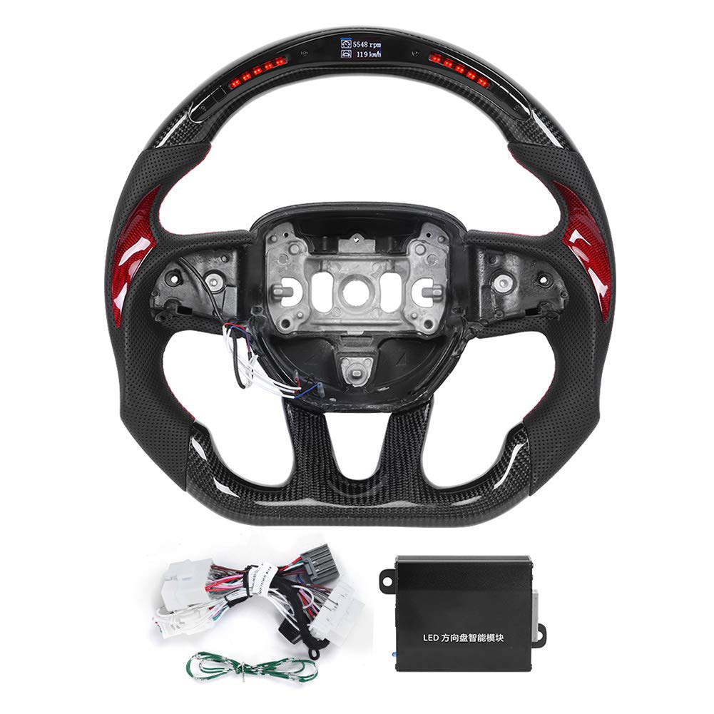 KIMISS LED Steering Wheel with Carbon Fiber & Digital Shift Lights - Compatible with Dodge Challenger/Charger SRT Hellcat 2015-2020 - Racing Style Dashboard Display for Enhanced Driving Performance