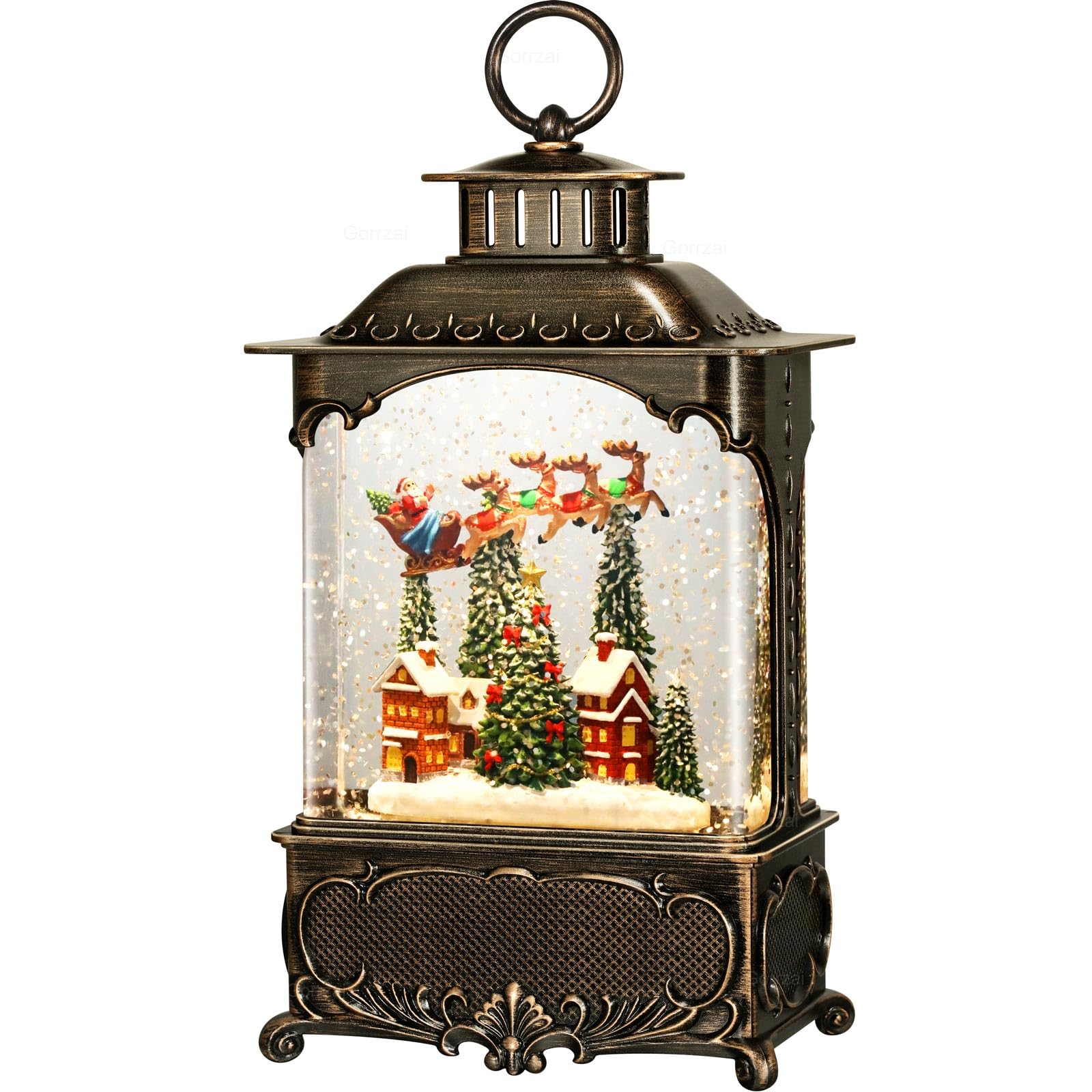 Village Snow Globe Christmas Decor - Musical Lighted Lantern with Swirling Glitter, Santa Church Reindeer Scene, USB/Battery Powered - Perfect for Home, Office & Holiday Party Decorations