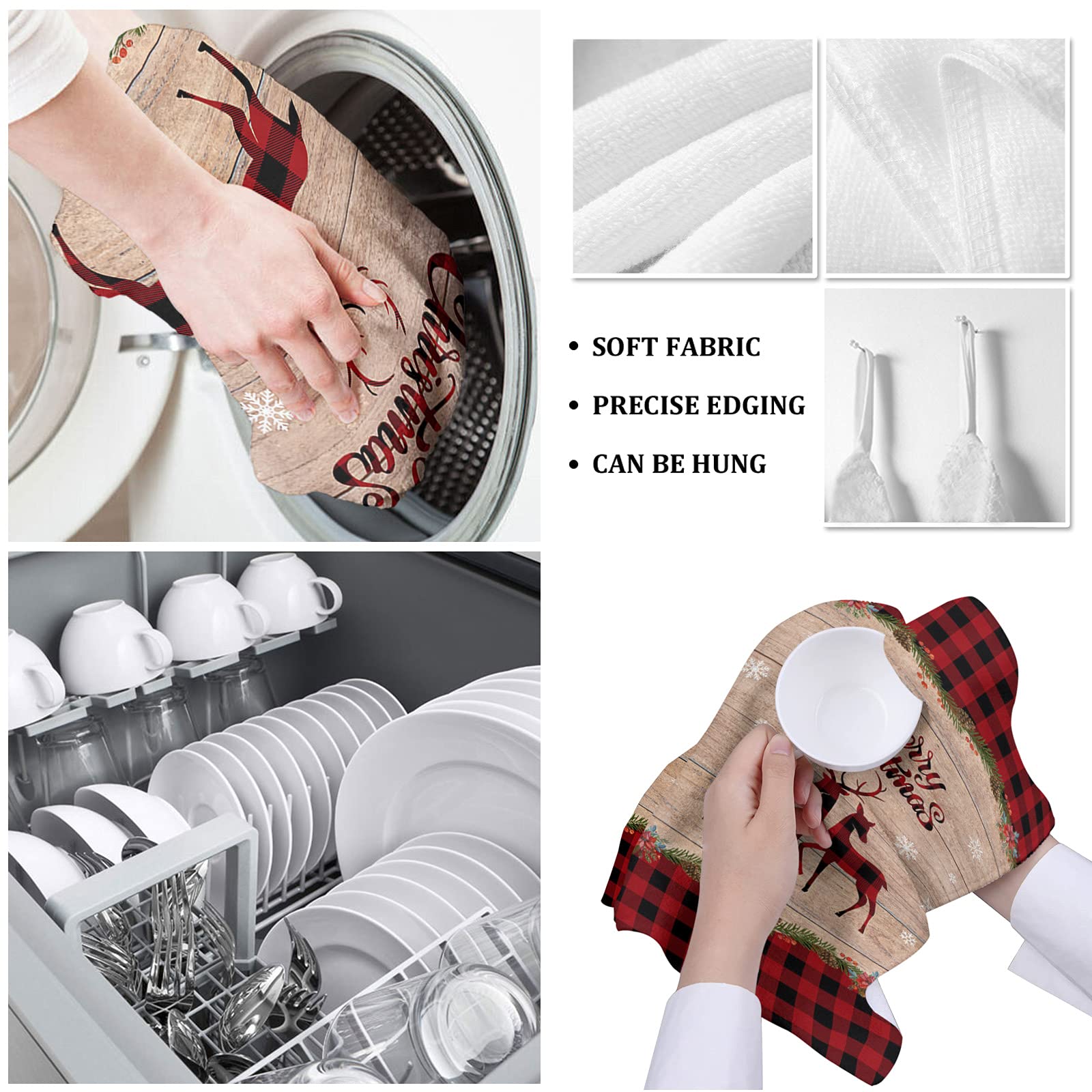 Premium Microfiber Kitchen Towels Set of 3 - Super Absorbent & Reusable Dish Towels, Tea Towels & Bar Towels (18x28 Inch) - Christmas Buffalo Check Plaid with Reindeer & Rustic Wood Design - Perfect for Holiday Kitchen Decor, Dish Drying & Counter Cleaning