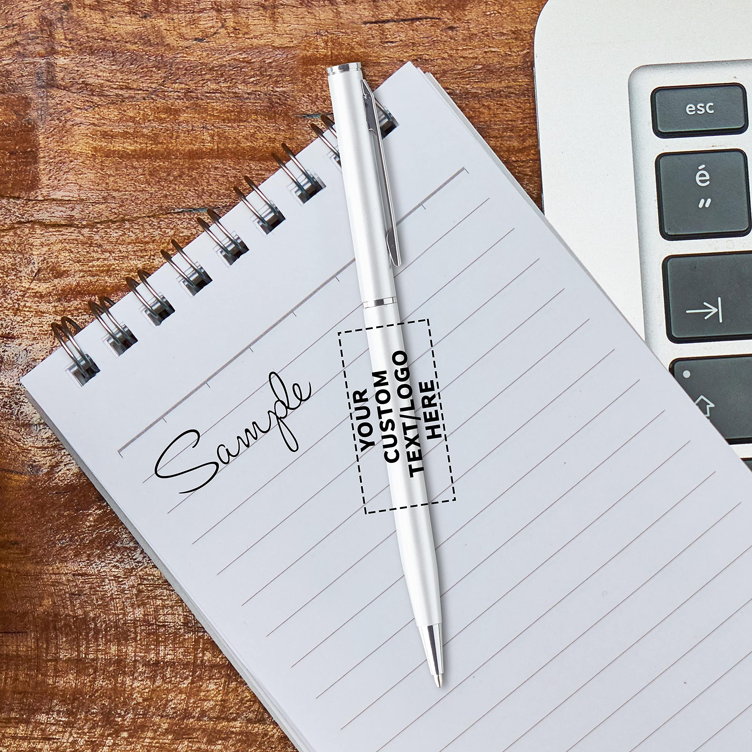 100 Pack Customizable Skinny Ballpoint Metal Pens - Personalized Text & Logo - Sleek Twist-Off Design with Black Ink - Silver Office & School Writing Supplies for Business Gifts & Promotional Giveaways