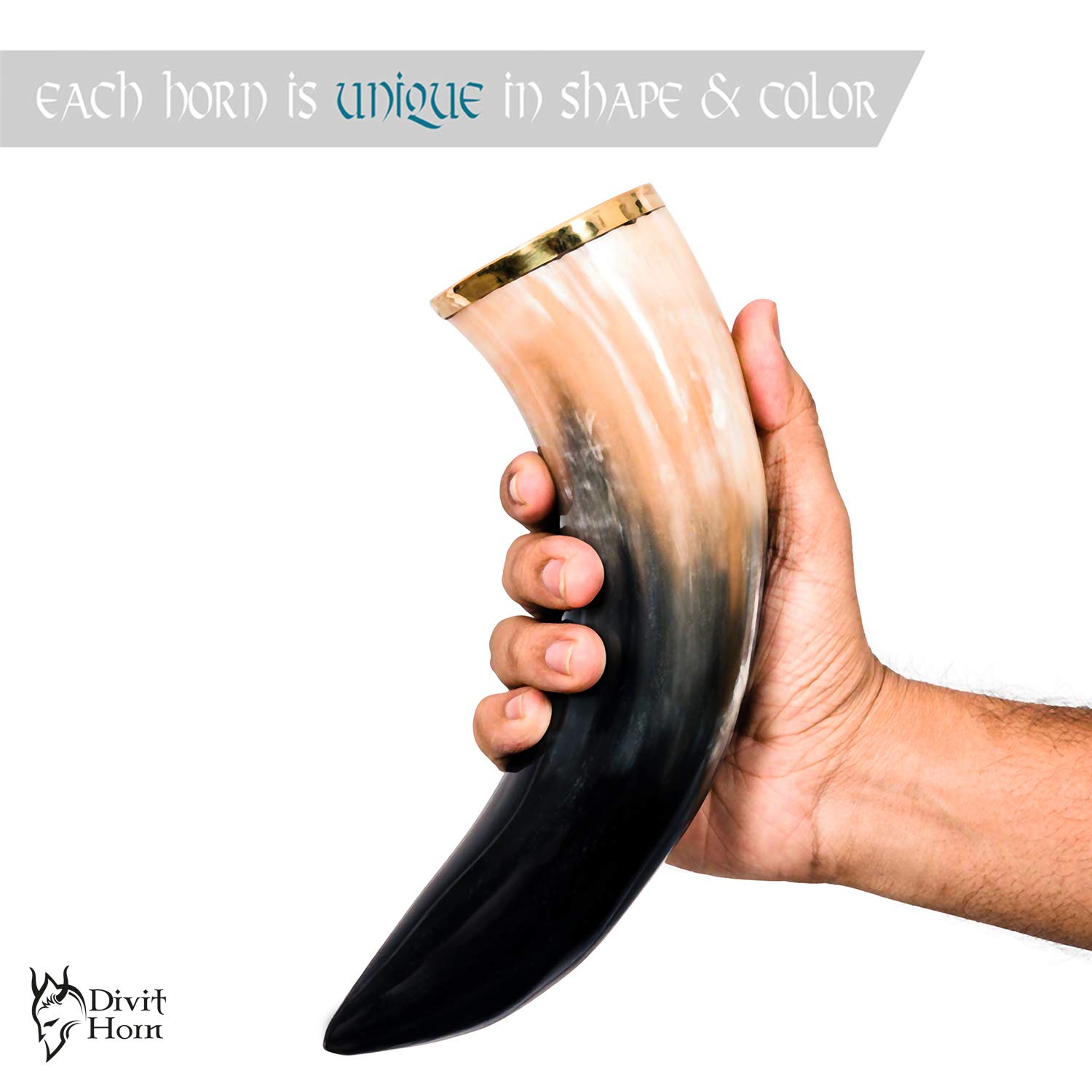 **Authentic Viking Drinking Horn with Iron Stand - 16 oz Medieval Beer & Mead Horn Cup - Handcrafted Brass Adornments & Burlap Gift Bag - Perfect for Renaissance Fairs, Viking Themed Parties & Historical Reenactments (Natural, Polished)**