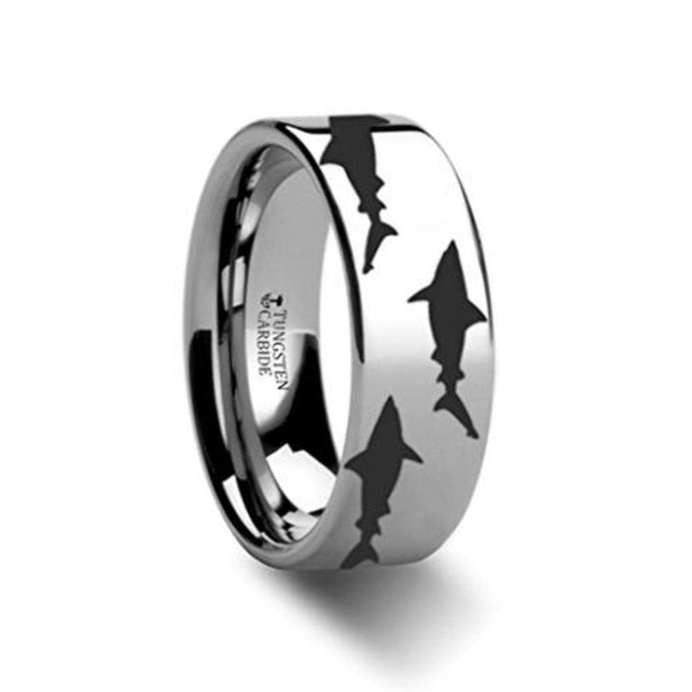SEA LIFE Shark Predator Fish Tungsten Wedding Band - 6mm Wide Flat Ring with Ocean Print & Custom Engraving | Perfect for Beach Weddings, Anniversary Gifts & Marine Lovers
