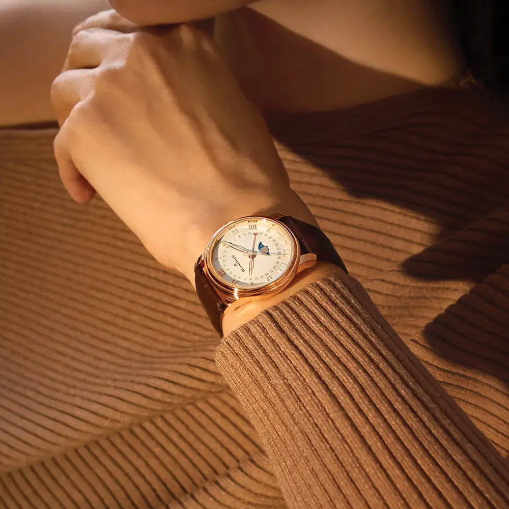 Villeret Calendar Moonphase Red Gold 33.2mm Watch - White Dial Leather Strap for Men - Perfect for Formal Events & Luxury Gifts