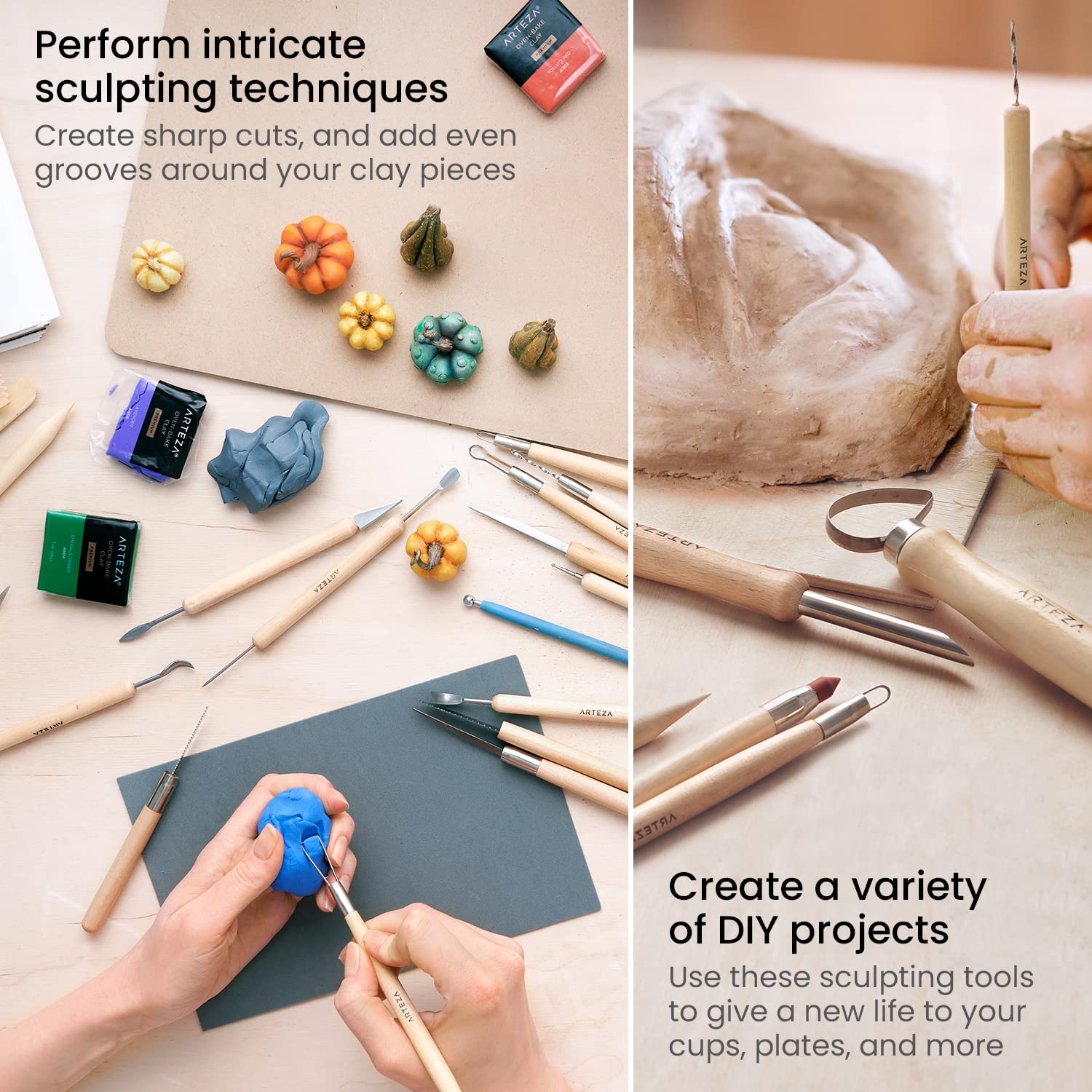 Arteza 42-Piece Pottery & Polymer Clay Sculpting Tools Set - Steel Tip with Wooden Handles for Modeling, Smoothing & Carving - Perfect for Ceramics, DIY Crafts & Art Projects