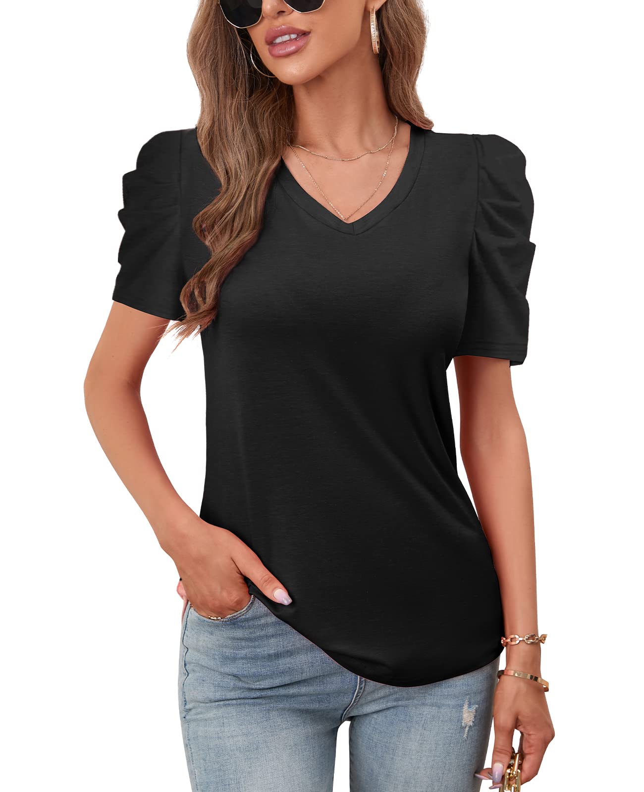 Women's Summer V-Neck Casual T-Shirt with Puff Sleeves - Breathable Cotton Blouse for Outdoors, Beach & Vacation Wear