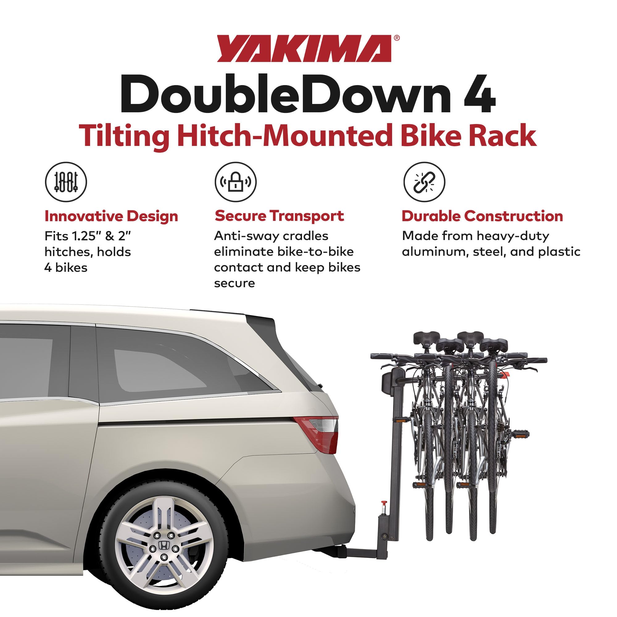 Yakima DoubleDown 4-Bike Hitch Mount Rack - Tilting Bike Carrier for Cars, Trucks & SUVs - Heavy Duty 4-Bike Rack for Road Trips, Mountain Biking & Family Adventures