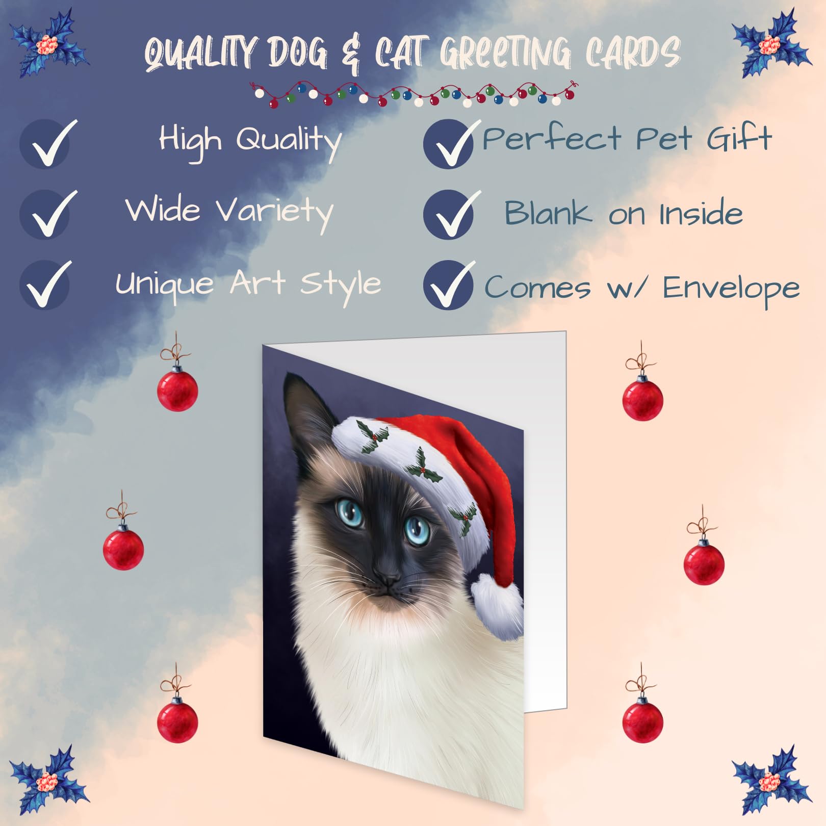 Christmas Santa Hat Wearing Siamese Cat Greeting Cards - 10 Adorable Pet Holiday Cards with Envelopes - Cute Cat Christmas Invitations for Pet Lovers - Perfect for Holiday Parties, Gift Exchanges & Festive Greetings