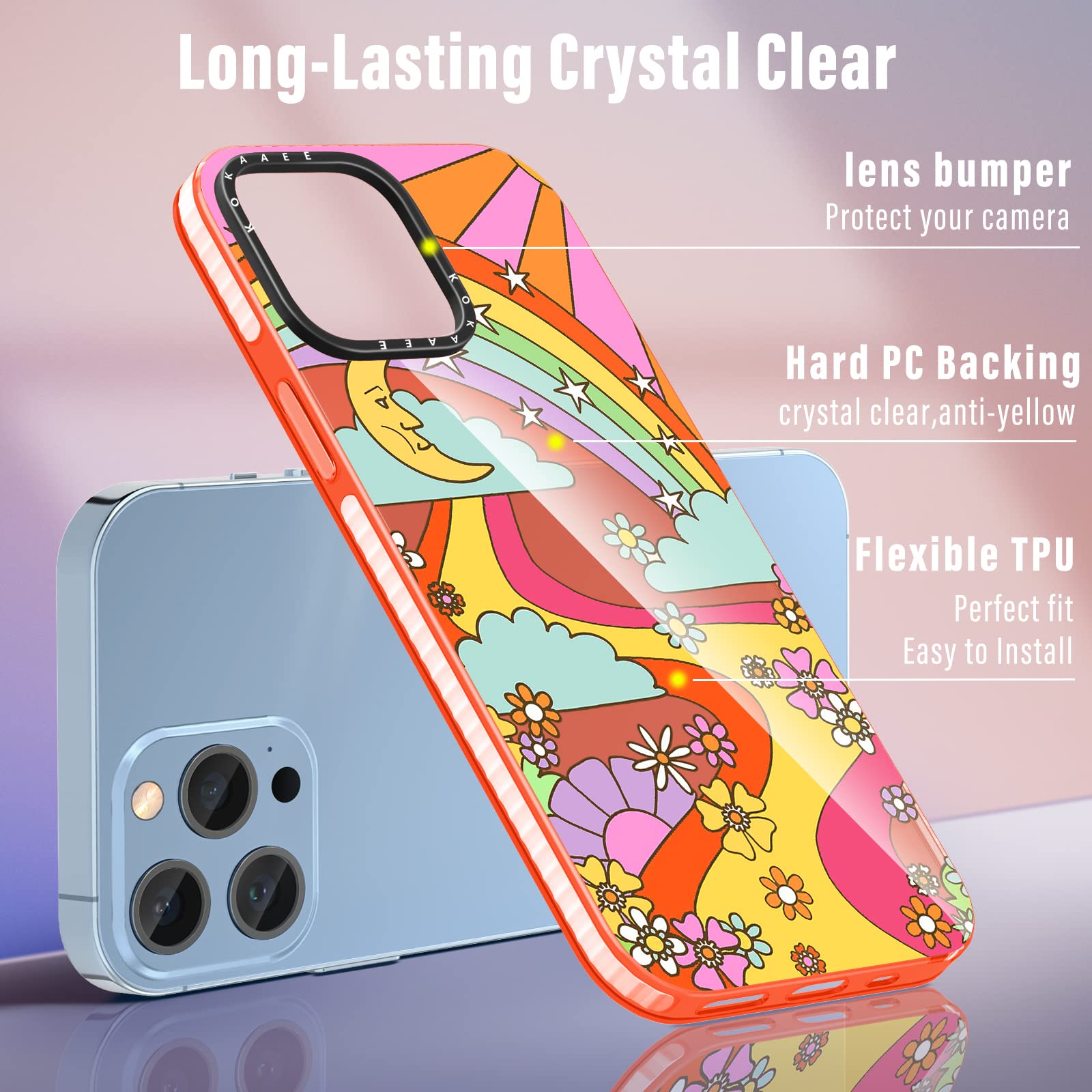 2 in 1 iPhone 14 Pro Case with Ring Holder - Rainbow Girly Cute Retro Floral Design Soft TPU Bumper Cover for Women & Girls (6.1
