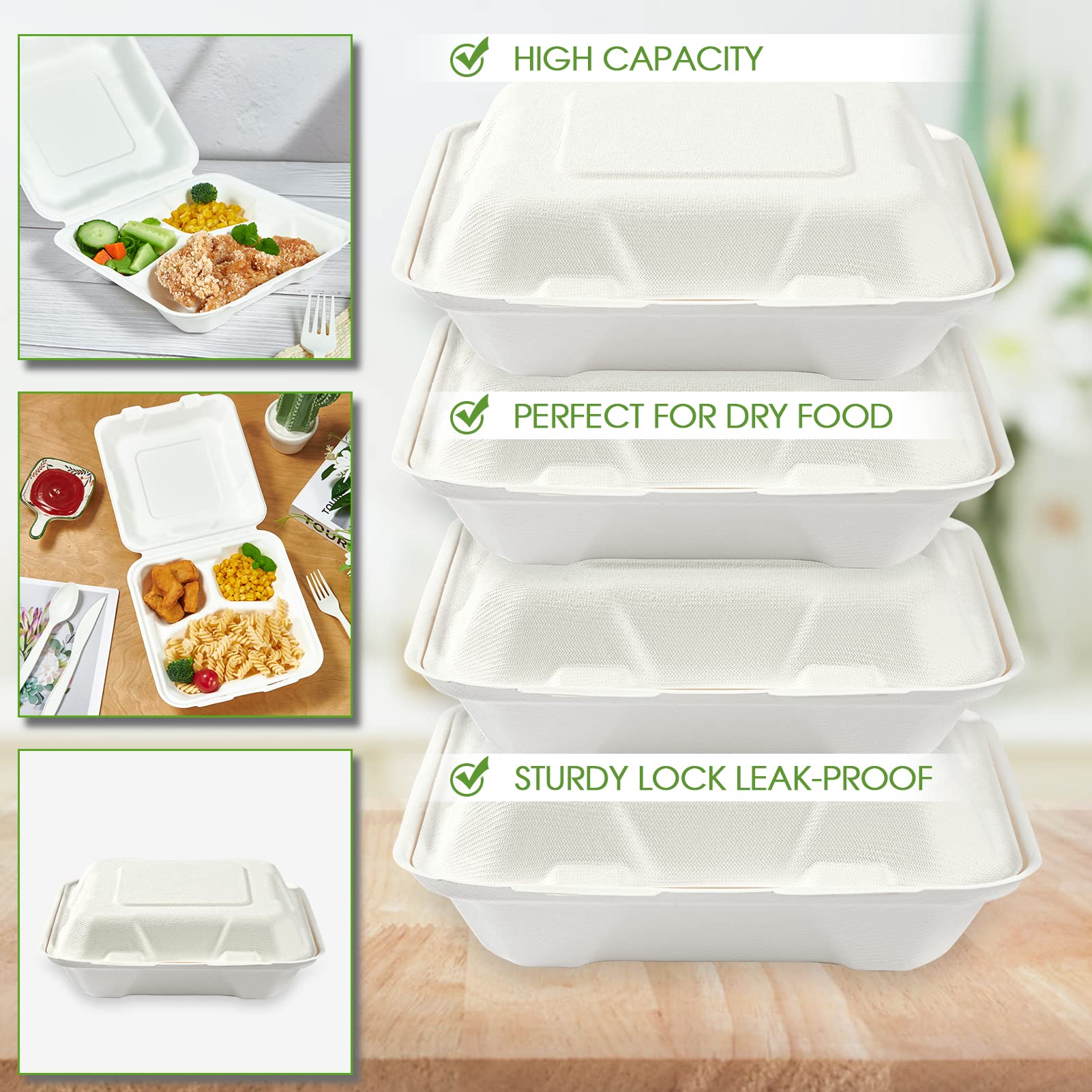 Vplus 300 Pack 100% Compostable 8x8 Inch 3-Compartment Clamshell Takeout Food Containers | Eco-Friendly Disposable Bagasse To-Go Boxes for Restaurant, Catering, Meal Prep & Leftovers | Perfect for Next Day Lunch, Potluck Parties & Picnics