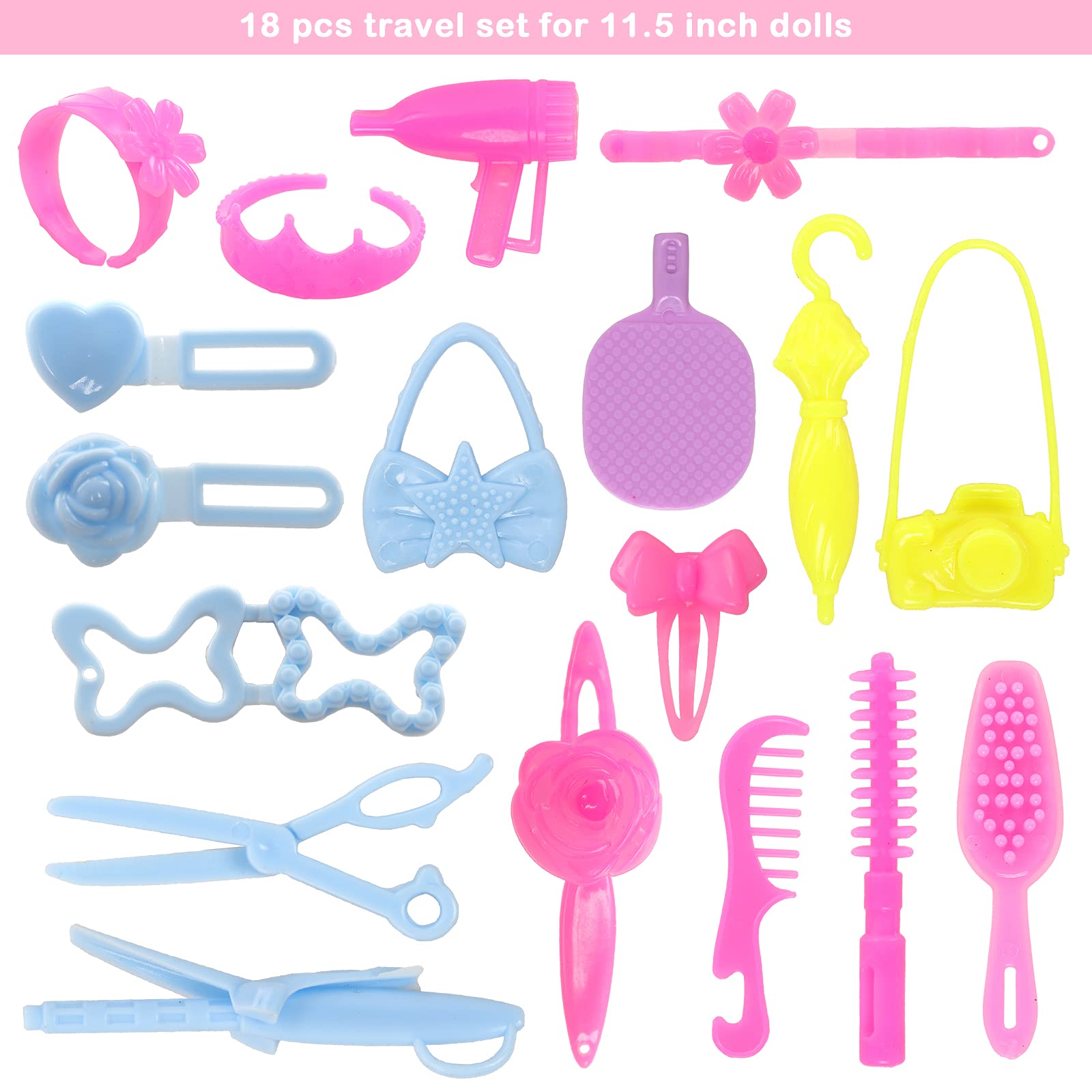 BARWA 43 PCS Doll Accessories Set - Travel Toiletries, Hair Clips, Bag, Crown, Necklace, Comb, Camera & Rubber Bands for 11.5 Inch Dolls - Perfect Christmas Gift for Kids & Collectors | Playtime, Dress Up & Photo Shoots