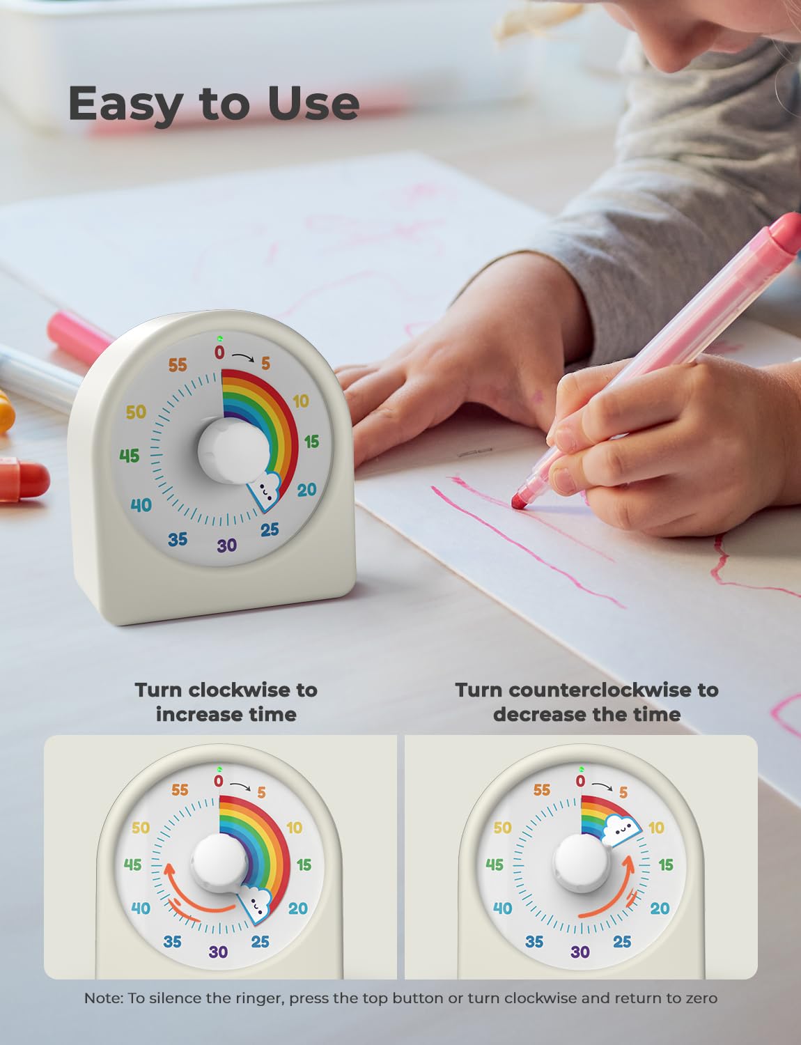 LIORQUE 60 Minute Visual Timer for Kids - Rechargeable Countdown Timer with Rainbow Design & Magnetic Back | Classroom, Homework, Pomodoro Study & Time Management Tool