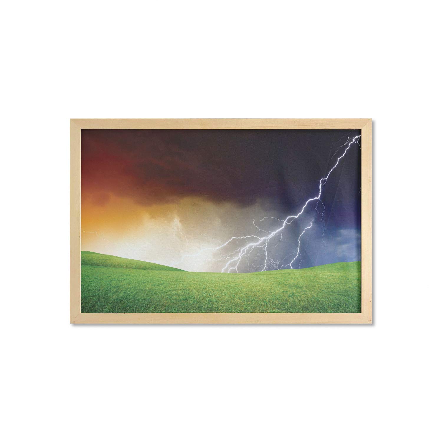 Ambesonne Nature Wall Art with Frame - Landscape Painting of Fresh Grass Field & Thunderstorm, Printed Fabric Poster for Bathroom, Living Room & Dorm Decor - 35