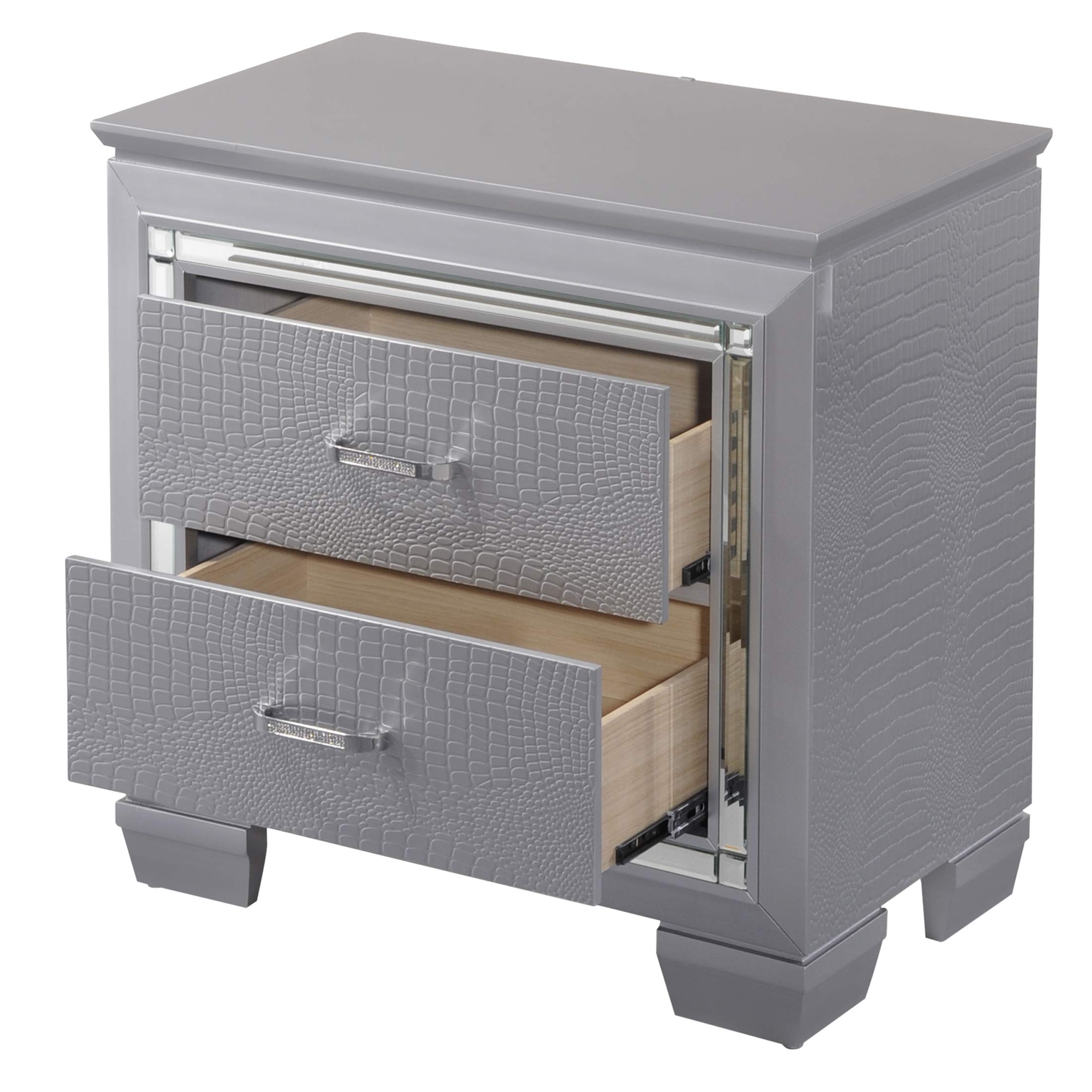 Benjara Gray Wooden Nightstand with 2 Drawers, Textured Details & Mirror Accents - Perfect for Bedroom, Living Room or Guest Room Storage & Decor