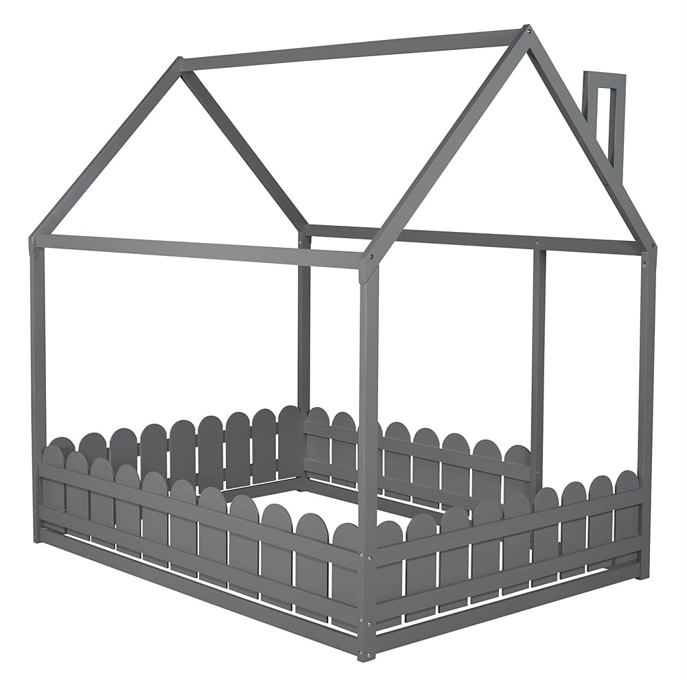 Full Size Wooden House Bed Frame with Roof & Fence - Kids Playhouse Floor Bed for Bedroom (Gray) | Perfect for Children's Room Decor & Imaginative Play
