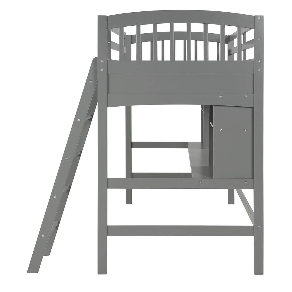 MERITLINE Twin Size Wood Loft Bed with Study Desk & Angled Ladder - Natural Grey Finish for Kids & Teens | Space-Saving Bedroom Furniture for Small Rooms & Dorm Living