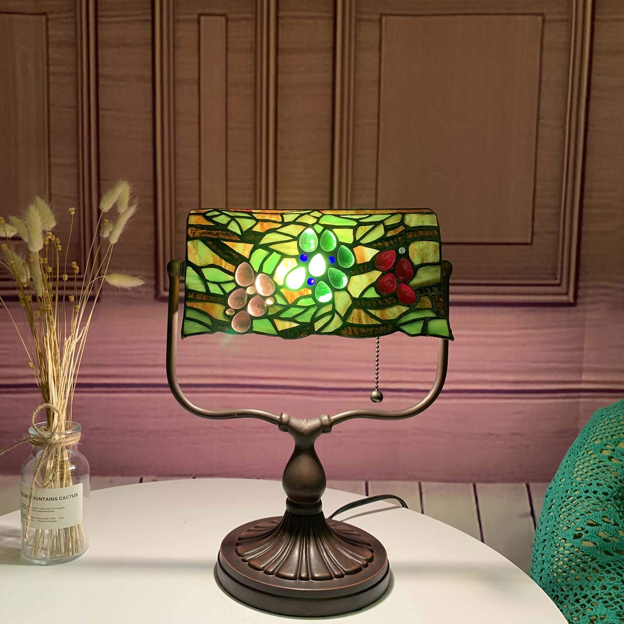 Bieye L10764 Tiffany Style Stained Glass Desk Lamp - 14 Inch Elegant Grape Design Banker Lamp for Home Office, Study, Reading & Work | Perfect for Libraries, Bedrooms & Workspaces