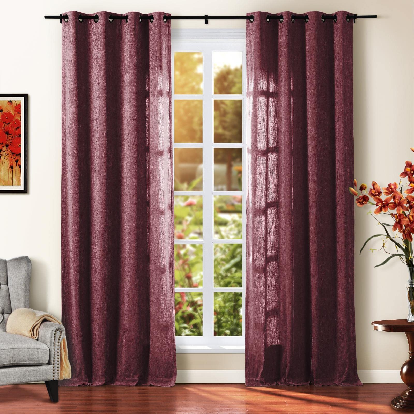 TWOPAGES Kids Chenille Blackout Curtains for Living Room & Bedroom - Soft Luxury Thermal Insulated Grommet Top Window Drapes, 40x120 Inches, Burgundy (1 Panel) - Perfect for Nursery, Playroom & Home Theater Light Control
