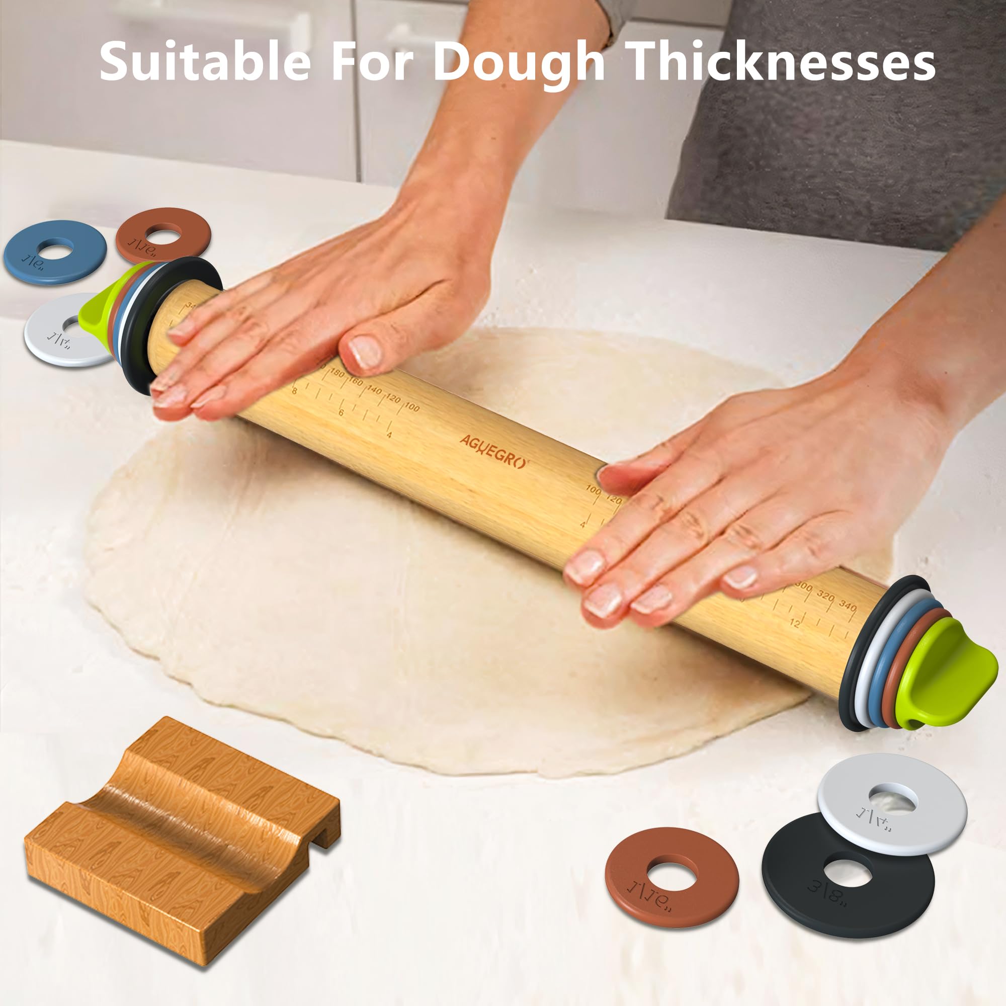 Adjustable Thickness Wooden Rolling Pin for Baking - 13.6