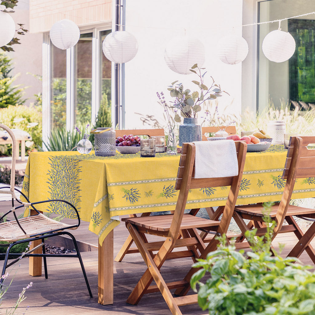 60x138 Inch Rectangular Valensole Yellow Double Border Acrylic Coated Cotton Tablecloth by Label France - Perfect for Dining Tables, Kitchen Decor, and Special Events