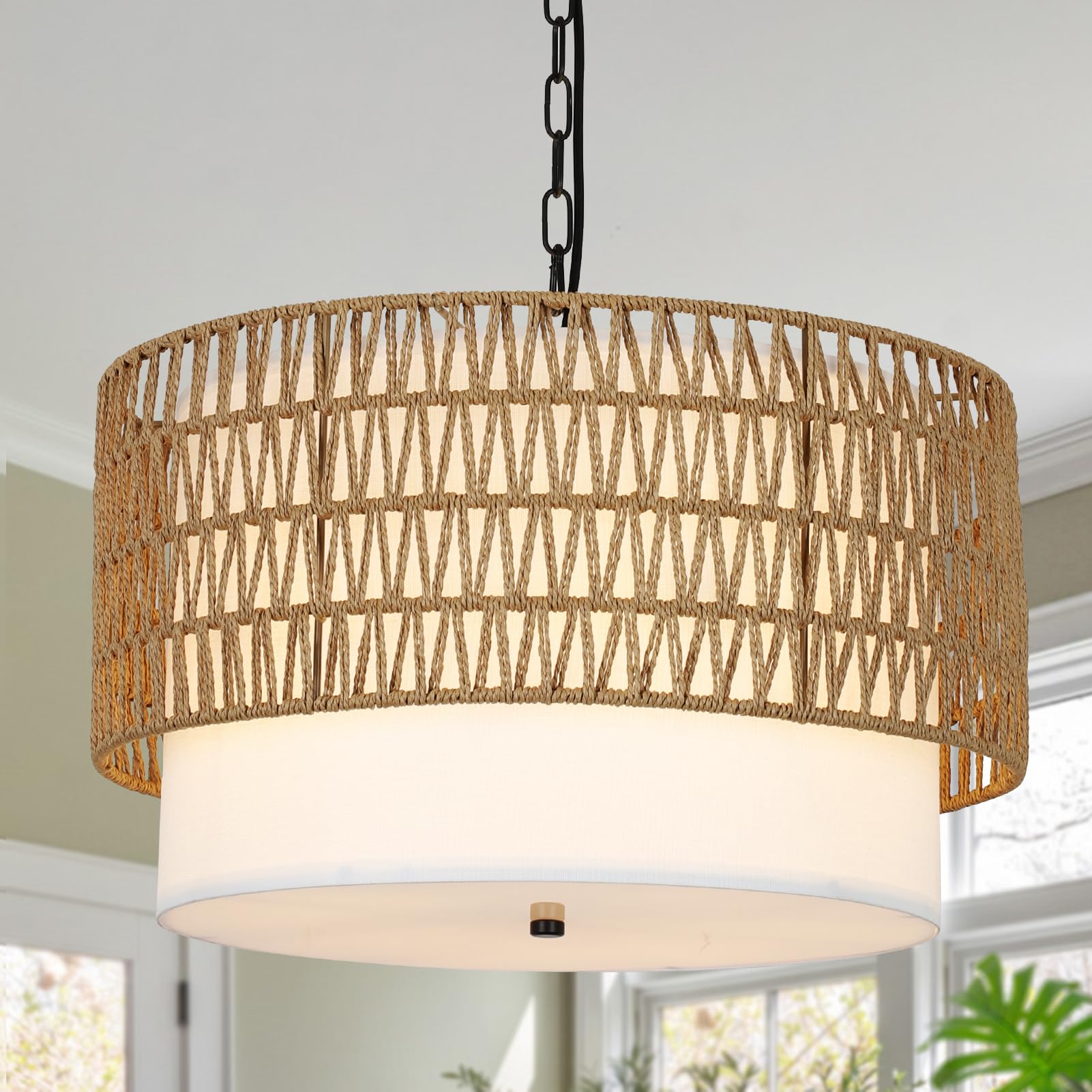5-Light Farmhouse Chandelier - Handwoven Rattan Boho Pendant Light with Fabric Shade for Dining Room, Kitchen, Bedroom & Hallway | Rustic Ceiling Lighting Fixture for Home Decor & Island