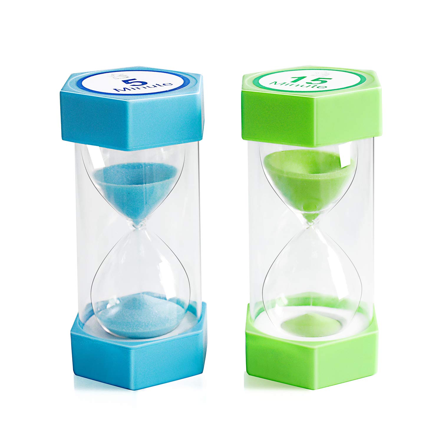 XINBAOHONG 5 & 15 Minute Sand Timer Hourglass - Dual Pack Blue & Green Color Classroom Timer for Kids Games, Home Office, Kitchen Baking, Board Games, Meditation & Productivity Tool (6.3