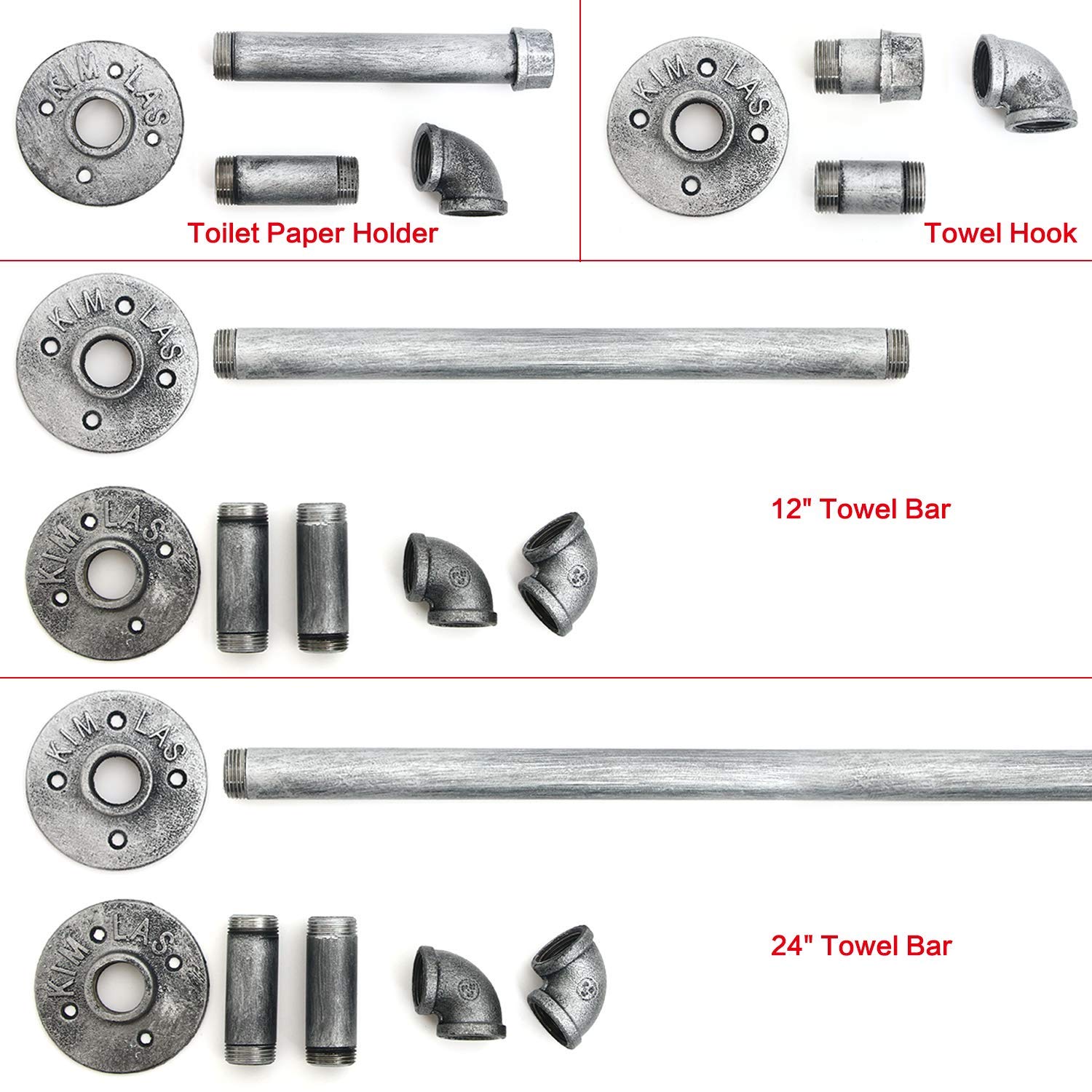 HouseAid 4-Piece Industrial Pipe Towel Holder Set - Rustic Steel Bathroom Towel Rack Kit with Wall Mount, Farmhouse Vintage Style Towel Bar Accessories in Antique Silver - Perfect for Bathroom, Laundry Room, and Kitchen Organization