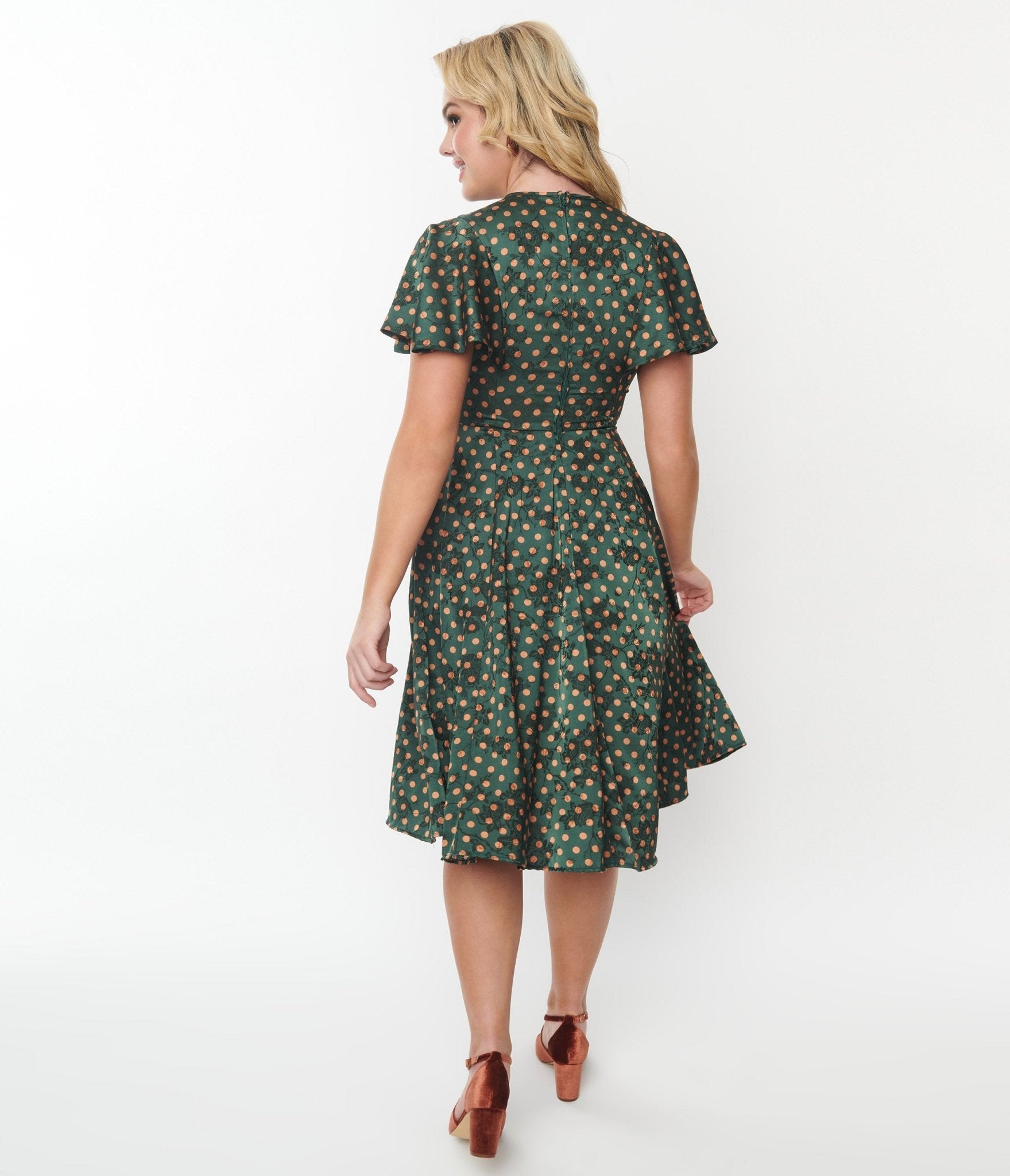 Vintage 1940s Hunter Green & Rust Polka Dot Swing Dress - Retro Tea Length Dress for Women, Perfect for Swing Dancing, Cocktail Parties & Vintage Themed Events