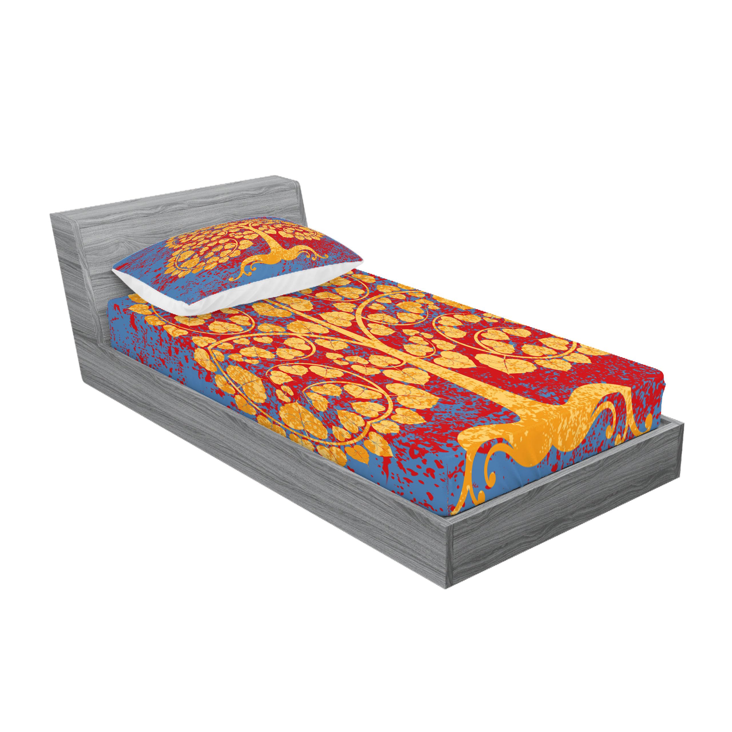 Lunarable Asian Fitted Sheet & Pillow Sham Set - Tree Swirled Branches Artwork Grunge Style Abstract Printed 2-Piece Bedding Decor, Twin XL, Marigold Blue Red | Perfect for Bohemian Bedroom, Guest Room & Dorm Decor