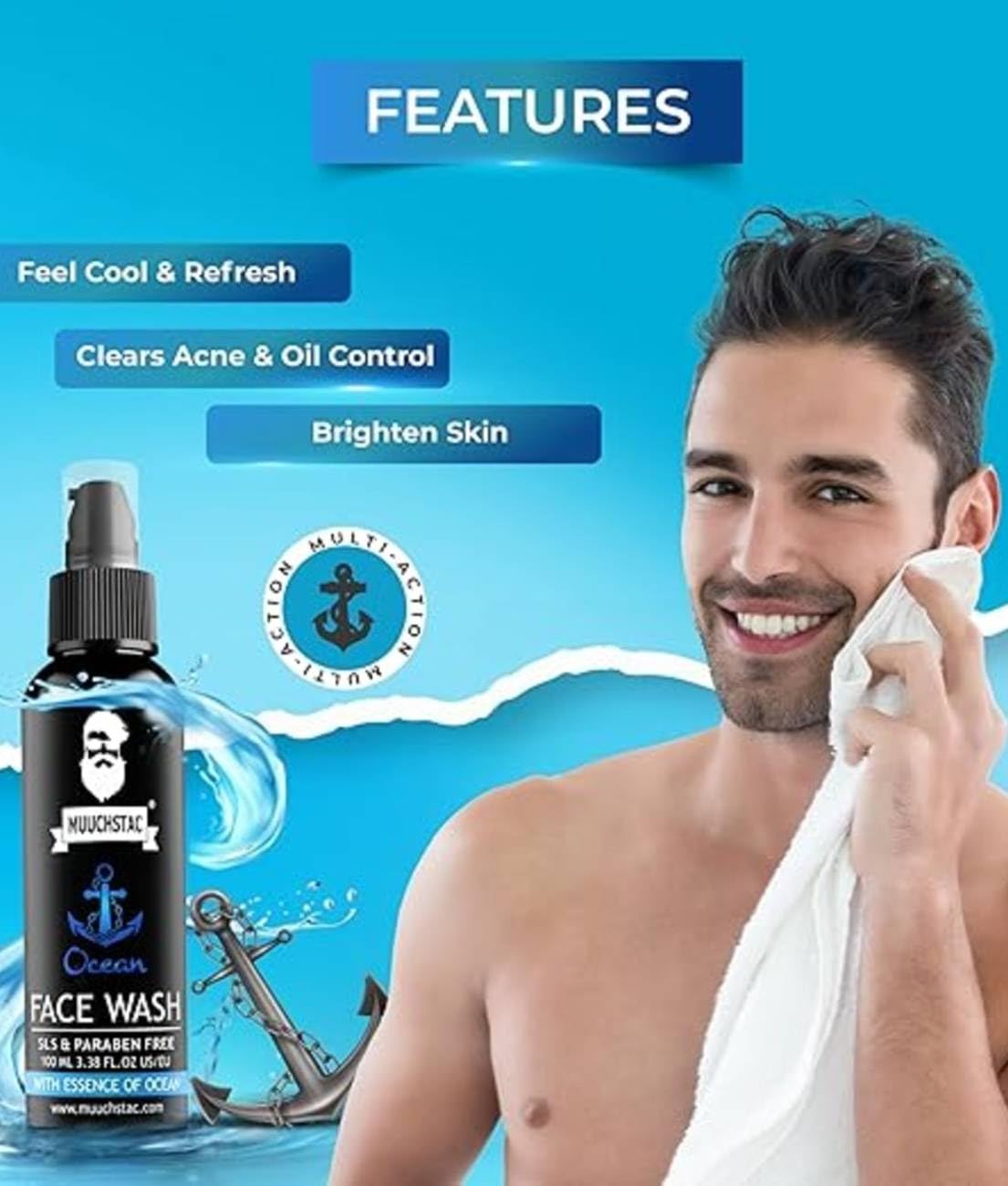 Muuchstac Ocean Face Wash for Men - Acne Fighting, Oil Control & Skin Brightening Cleanser | Deep Cleansing, Refreshing Formula for Clear, Healthy Skin (100 ml) | Perfect for Daily Skincare & Post-Workout Use
