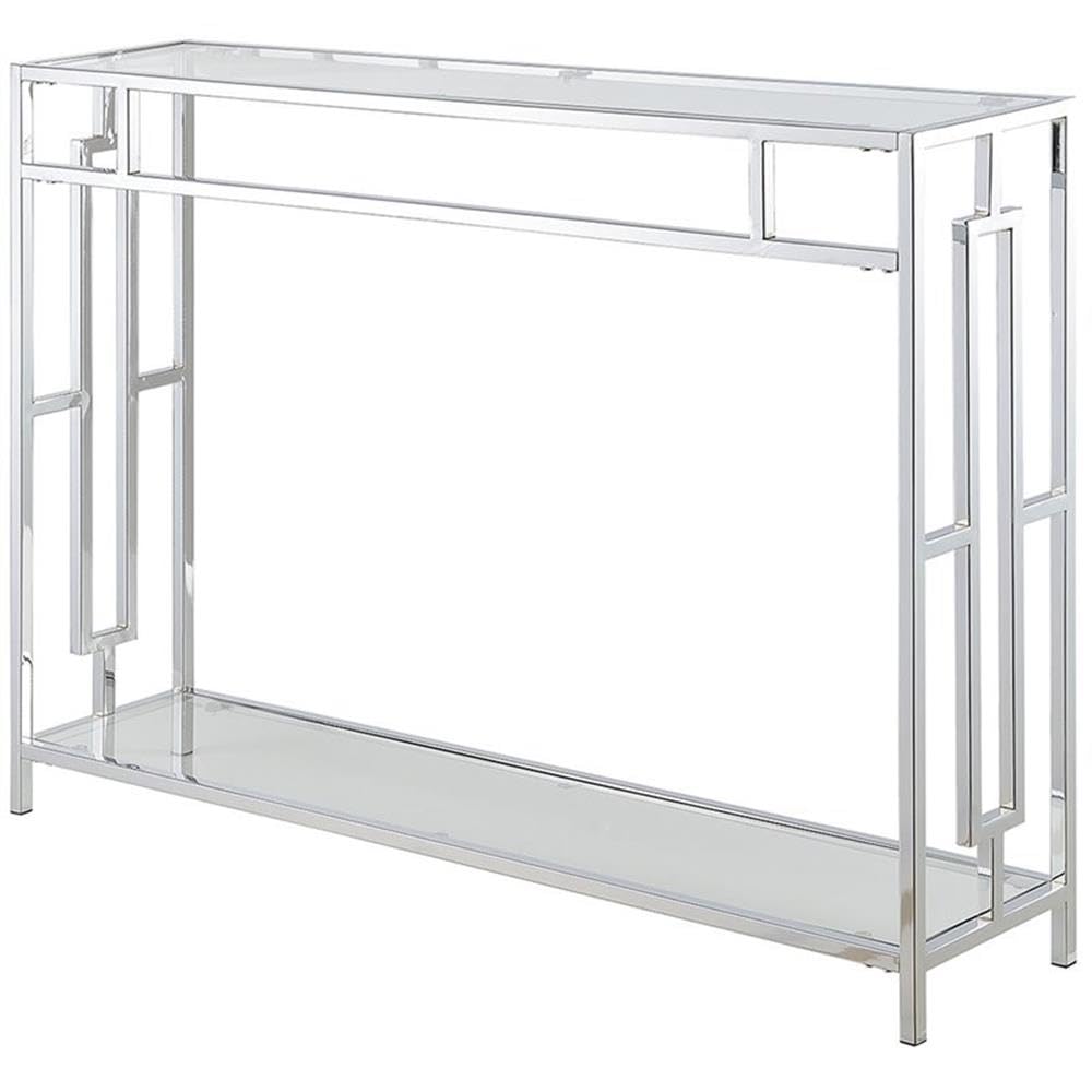 Convenience Concepts Town Square Coffee Table - Modern Sofa Storage Shelf & Narrow Entryway Hall Table for Living Room, Bedroom, Bathroom - 42 Inch Glass & Chrome Console Table - Perfect for Small Spaces, Home Organization & Stylish Décor
