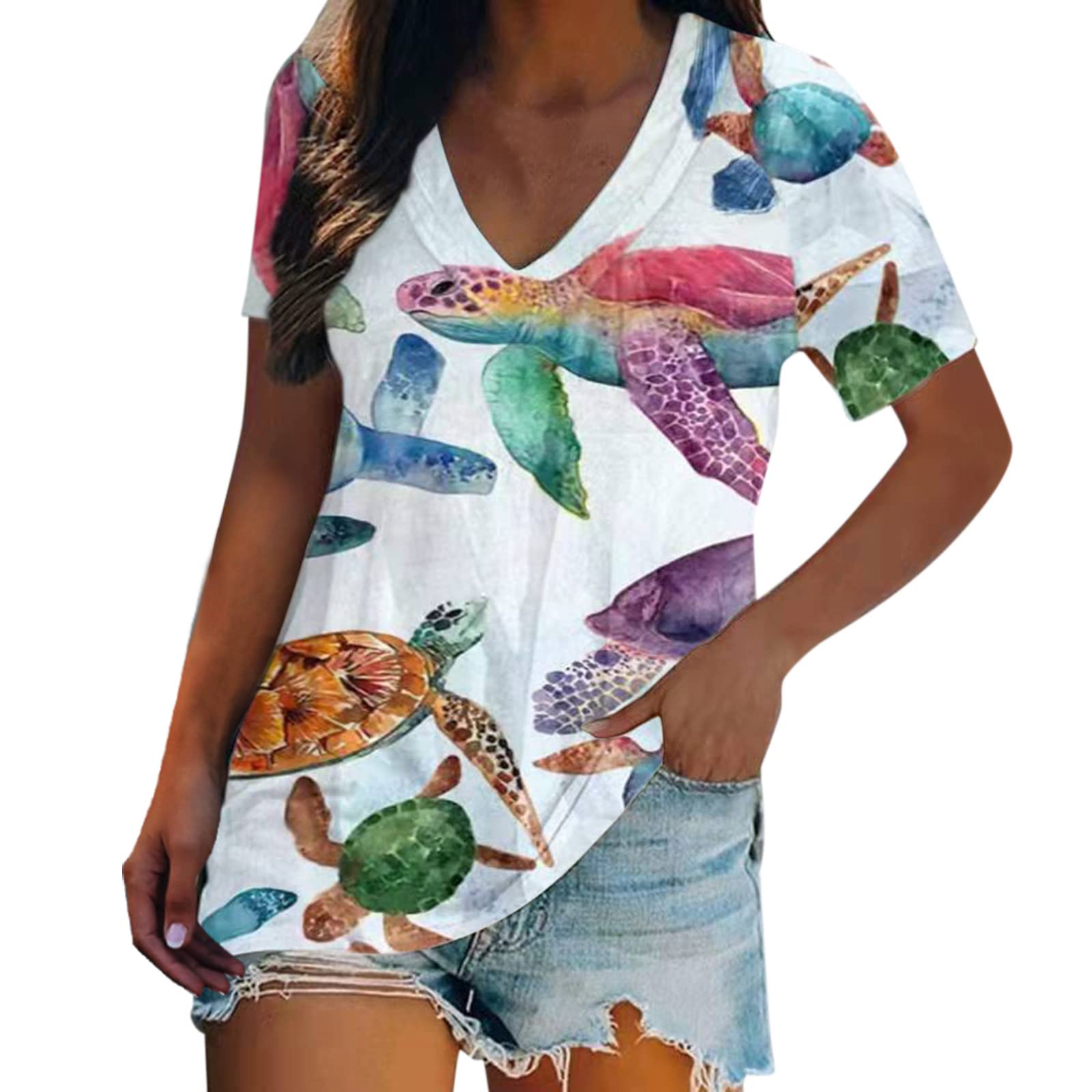 Women's Casual V-Neck Printed Short Sleeve T-Shirts - Breathable Workout & Everyday Wear - Perfect for Gym, Yoga, Running and Daily Outfits