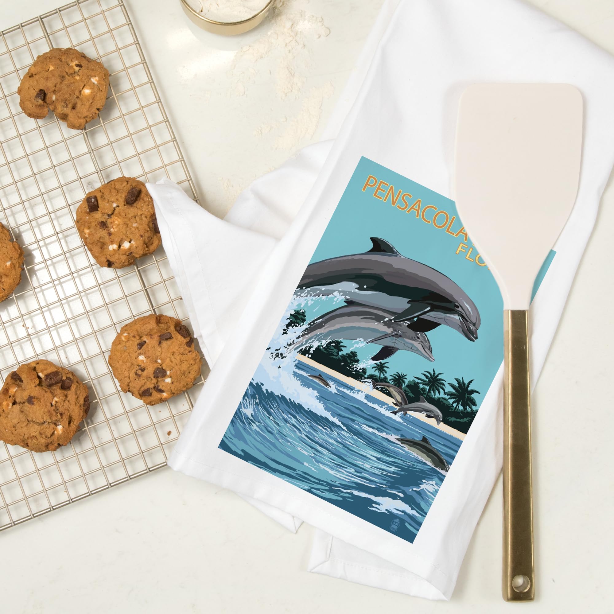 Lantern Press Pensacola Beach Florida Dolphins Jumping 100% Cotton Tea Towel - Decorative Hand Towel for Kitchen, Bathroom & Home Decor - Perfect for Dish Drying, Gift Giving & Coastal Themed Decor
